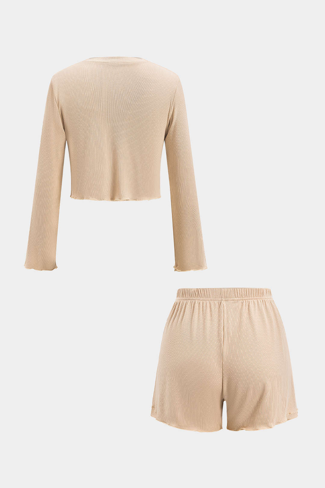 Solid Round Neck Long Sleeve Top And Shorts Set - Flockneti