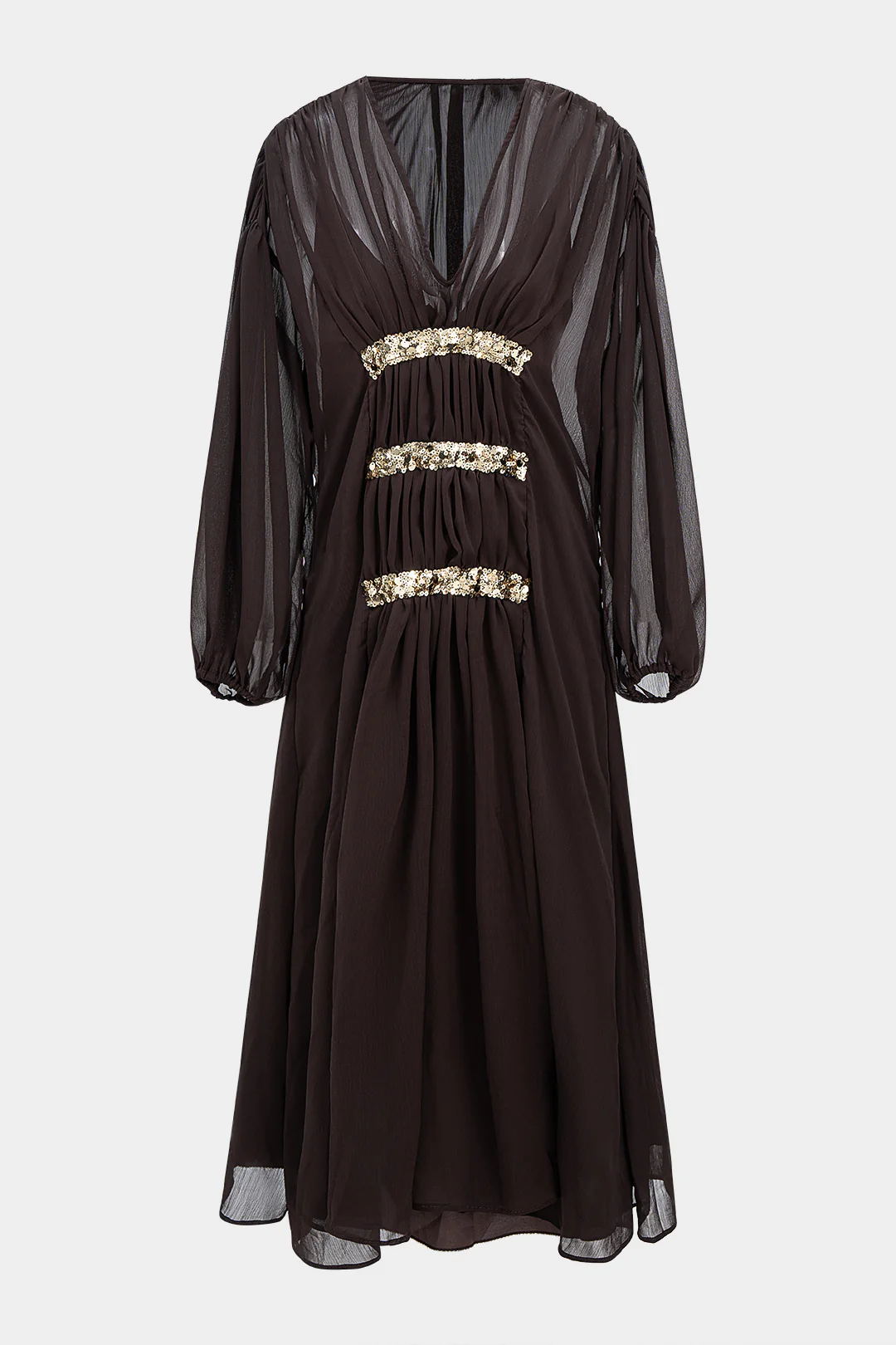 Mesh Sequin Decor V-Neck Ruched Long Sleeve Maxi Dress - Flockneti