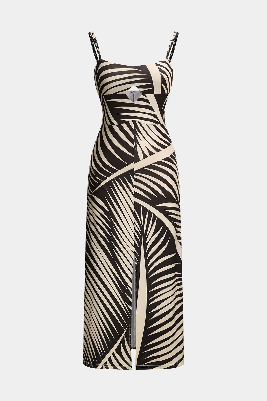 Stripes Palm Leaf Print Slit Hollow Out Sleeveless Midi Dress - Flockneti
