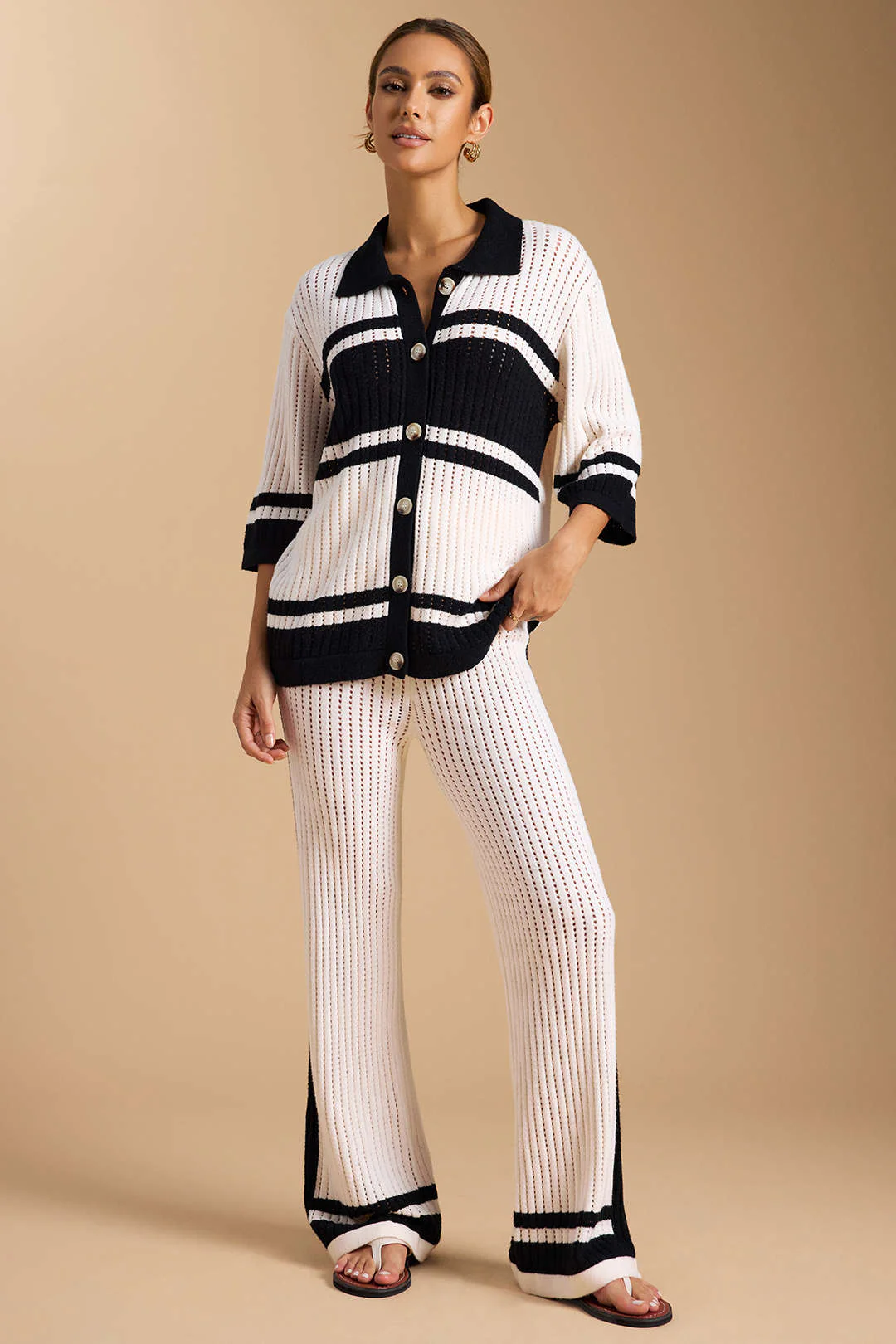 Knit Contrast Hollow Out Lapel Top And Drawstring Wide Leg Pants Set - Flockneti