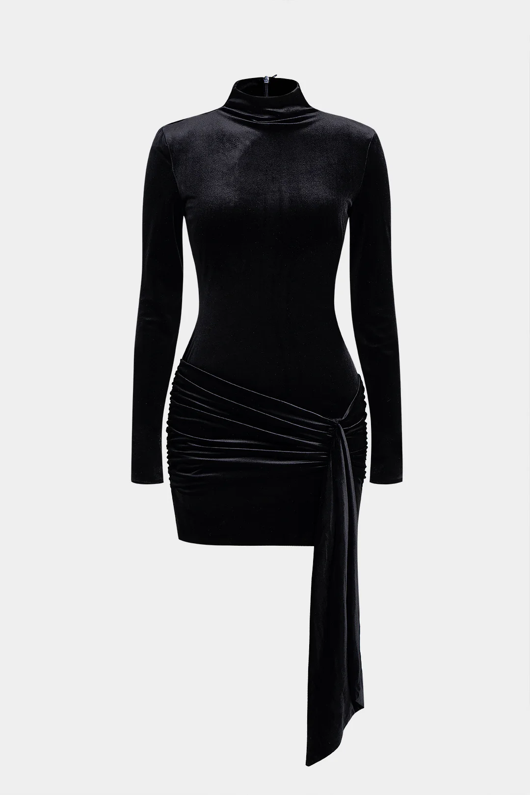 Mock Neck Velvet Ruched Zipper Long Sleeve Mini Dress - Flockneti