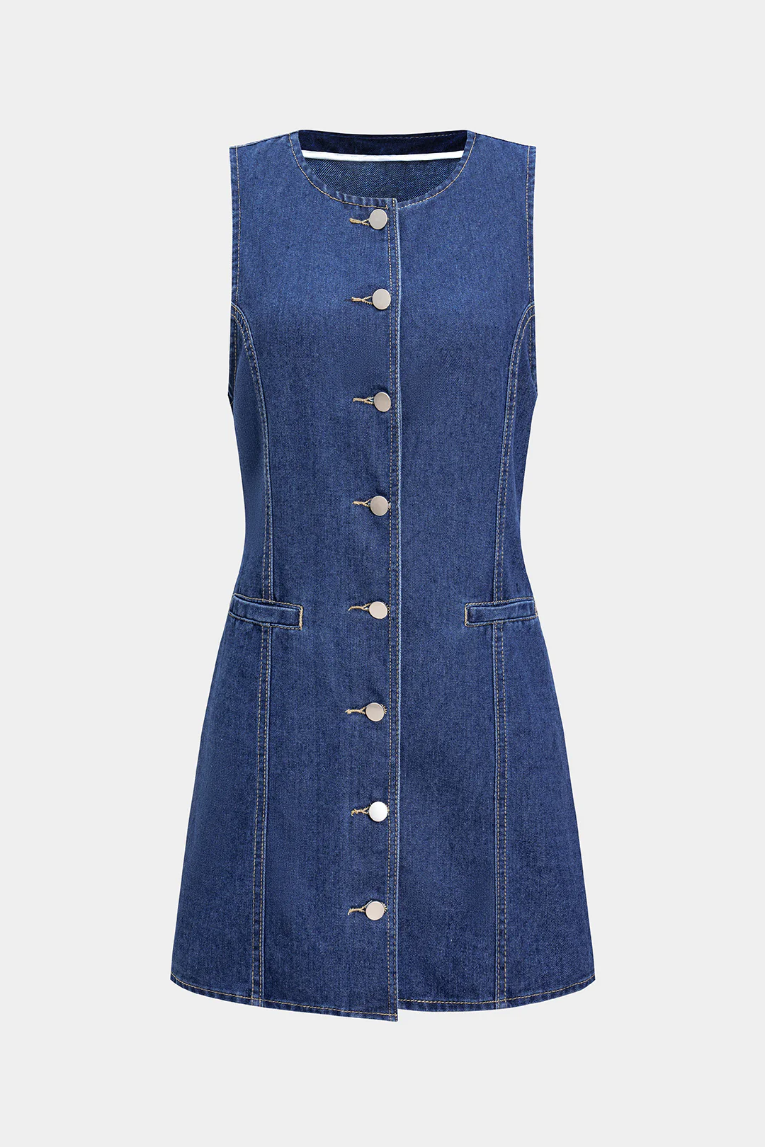 Denim Round Neck Button Sleeveless Dress - Flockneti
