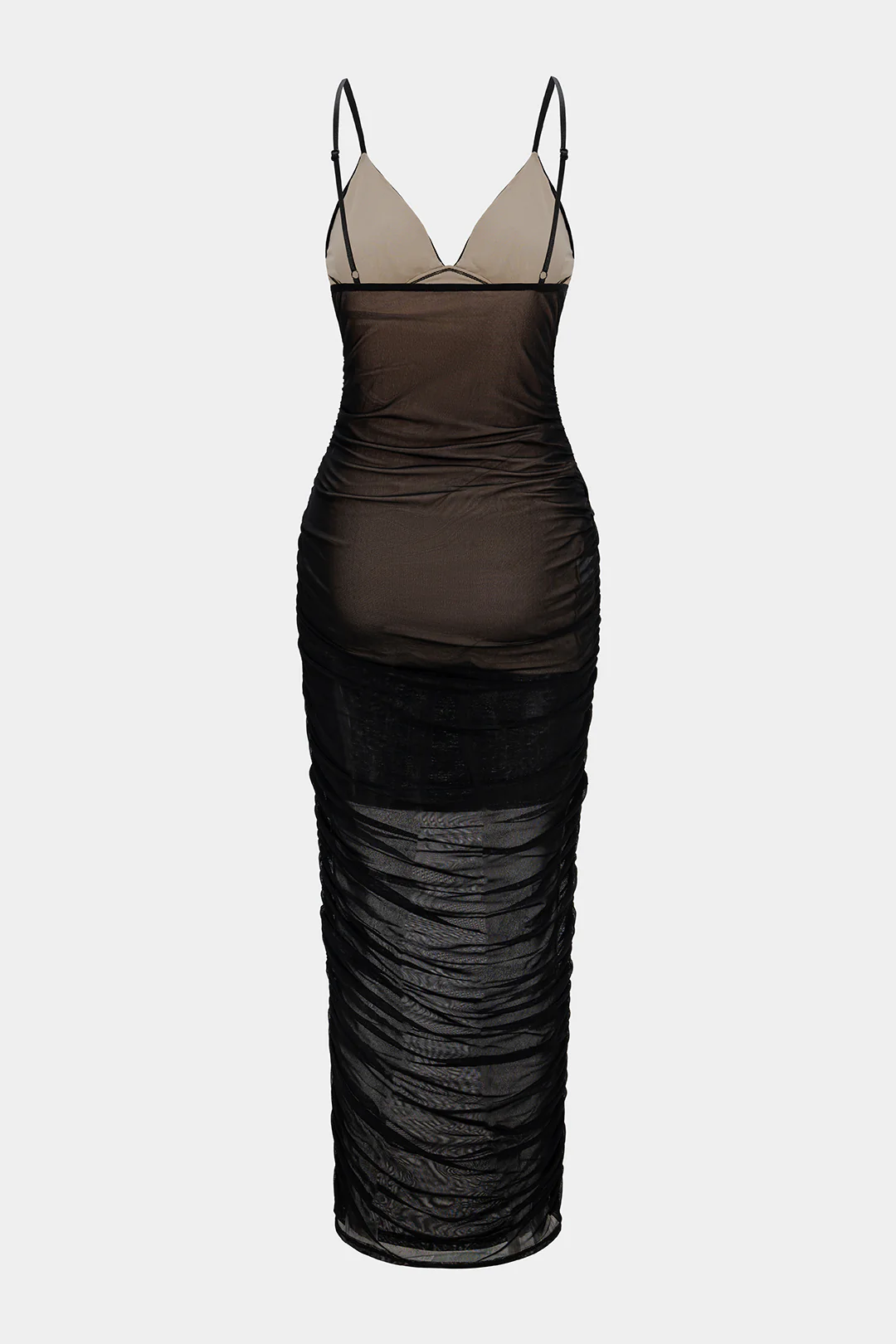 Mesh V-Neck Backless Ruched Slip Sleeveless Midi Dress - Flockneti