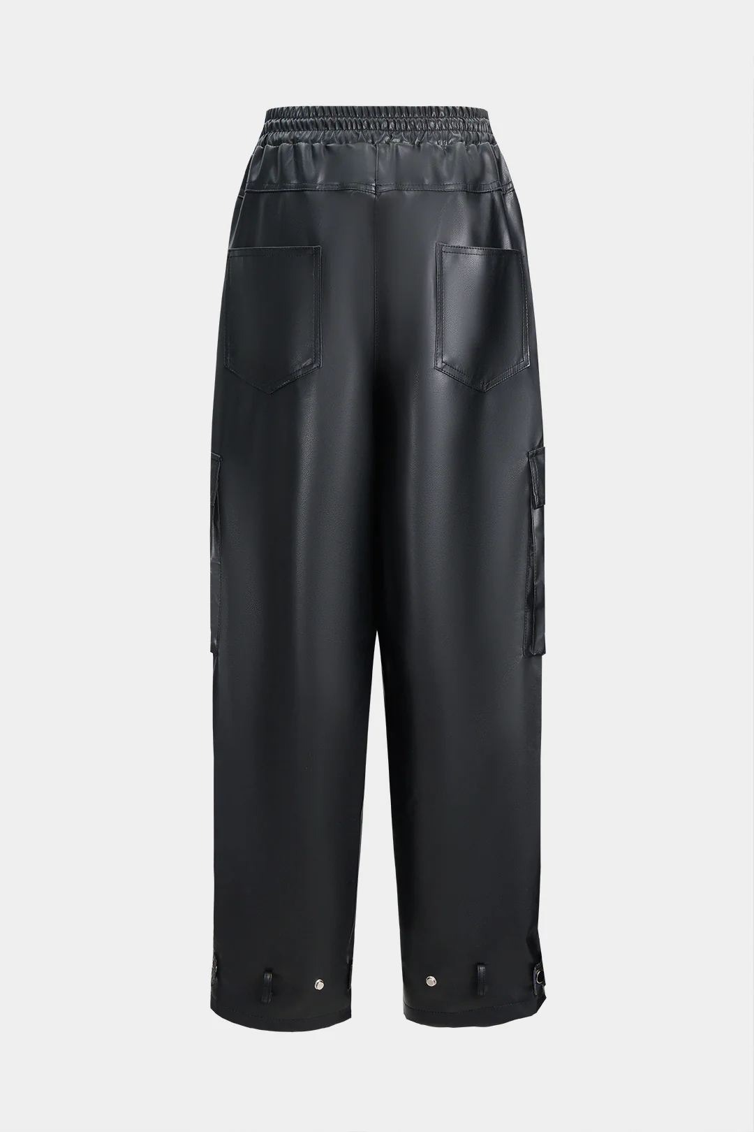Faux Leather Shirred Waistband Drawstring Wide Leg Pants - Flockneti