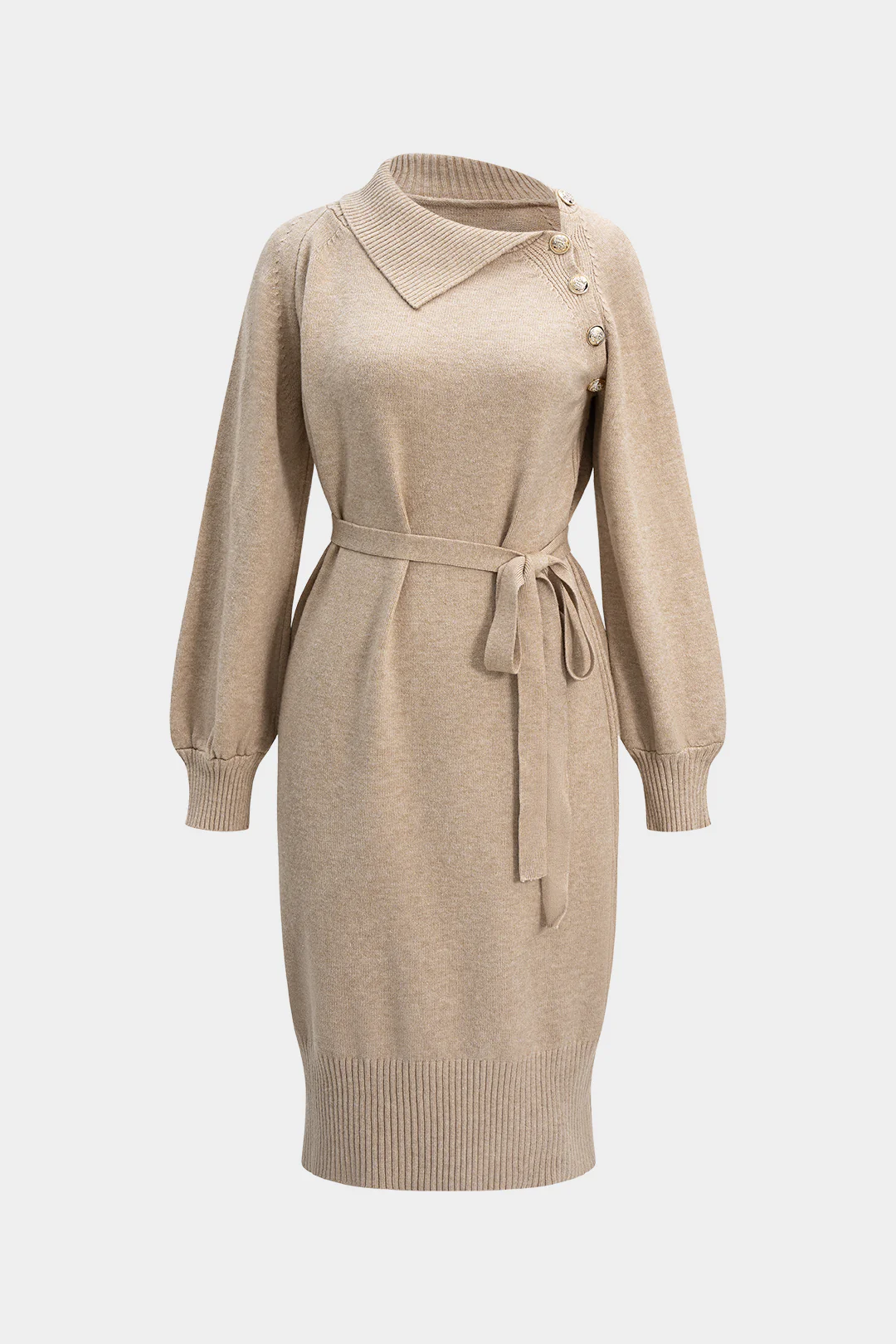 Knit Asymmetrical Button Tie-Up Long Sleeve Dress - Flockneti