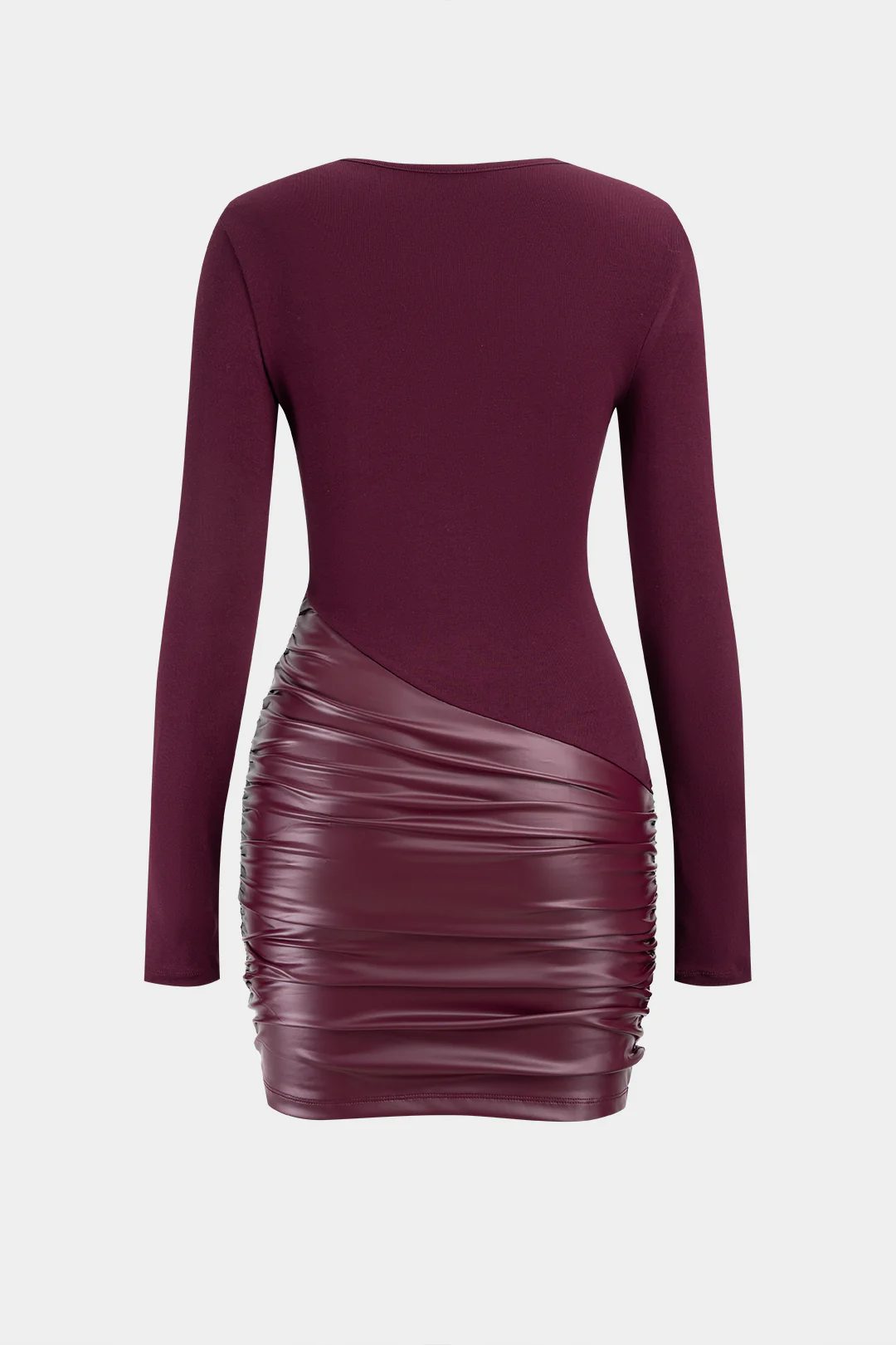 Faux Leather Patchwork Round Neck Ruched Long Sleeve Mini Dress - Flockneti