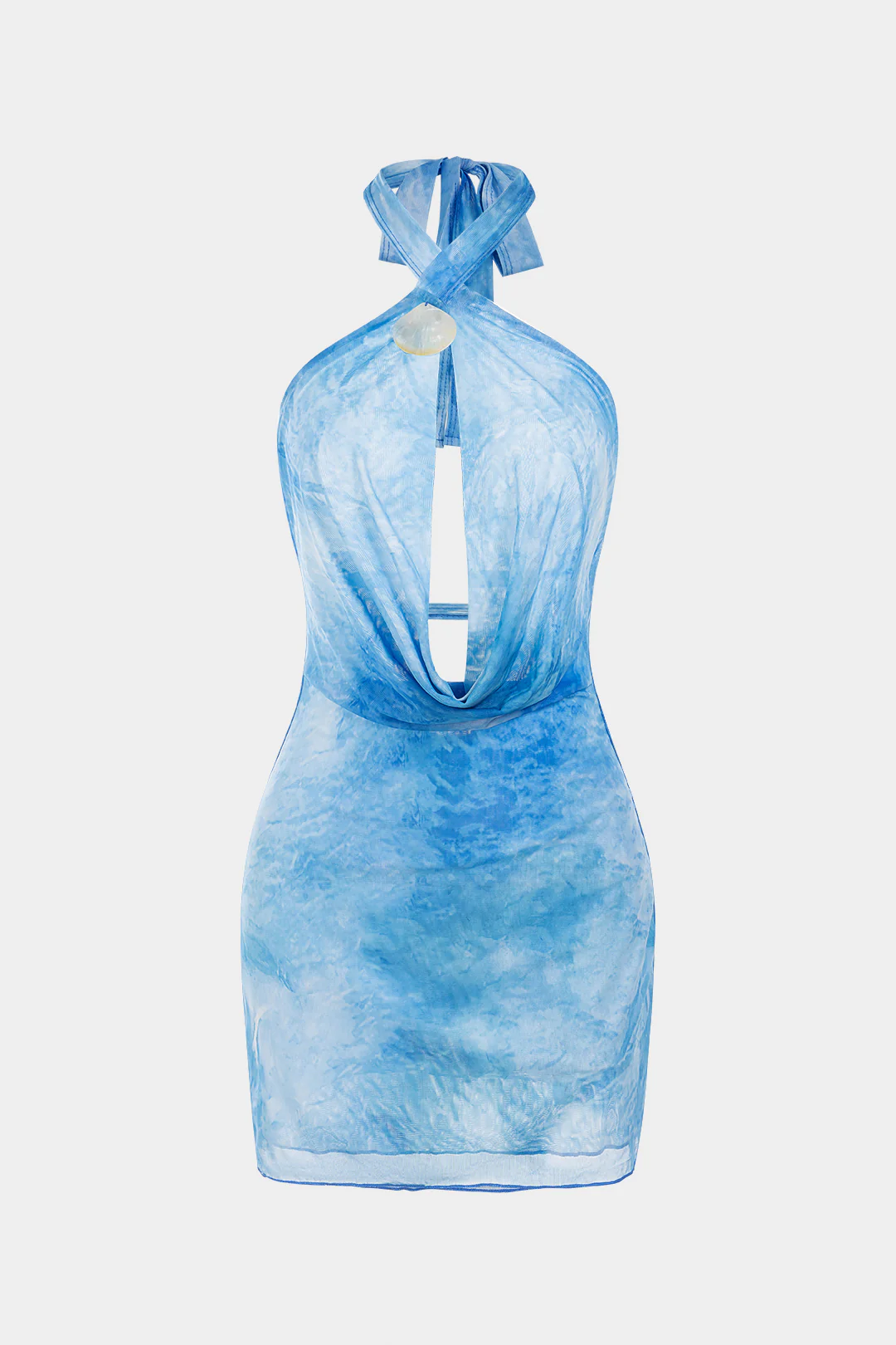 Tie Dye Print Mesh Halter Draped Cowl Neck Cut Out Backless Sleeveless Mini Dress - Flockneti