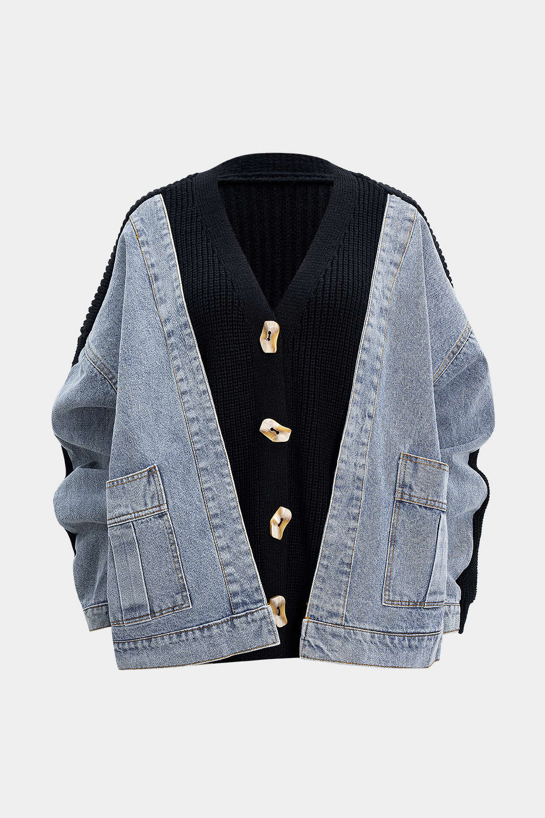Denim Patchwork V-Neck Pocket Sweater Cardigan - Flockneti