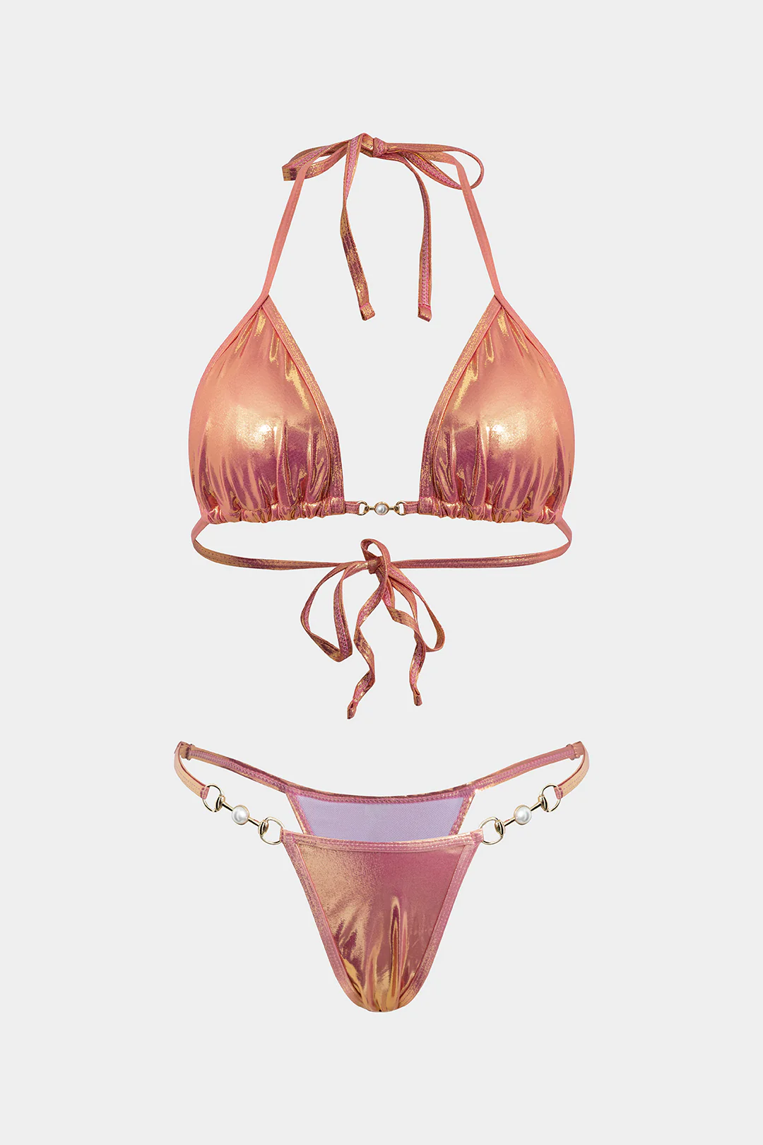 Halter Neck Tie-Up Pearl Chain Bikini Set - Flockneti