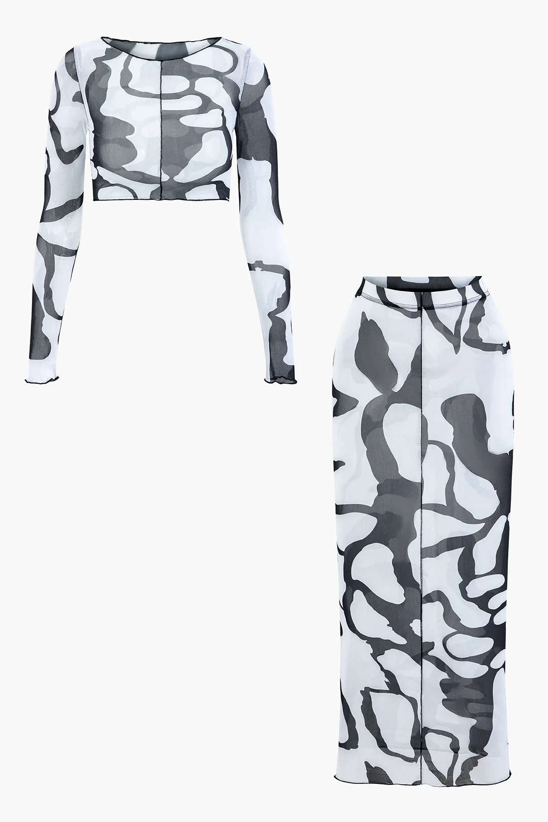 Mesh Artistic Print Round Neck Cropped Long Sleeve Top And High Waist Skirt Set - Flockneti