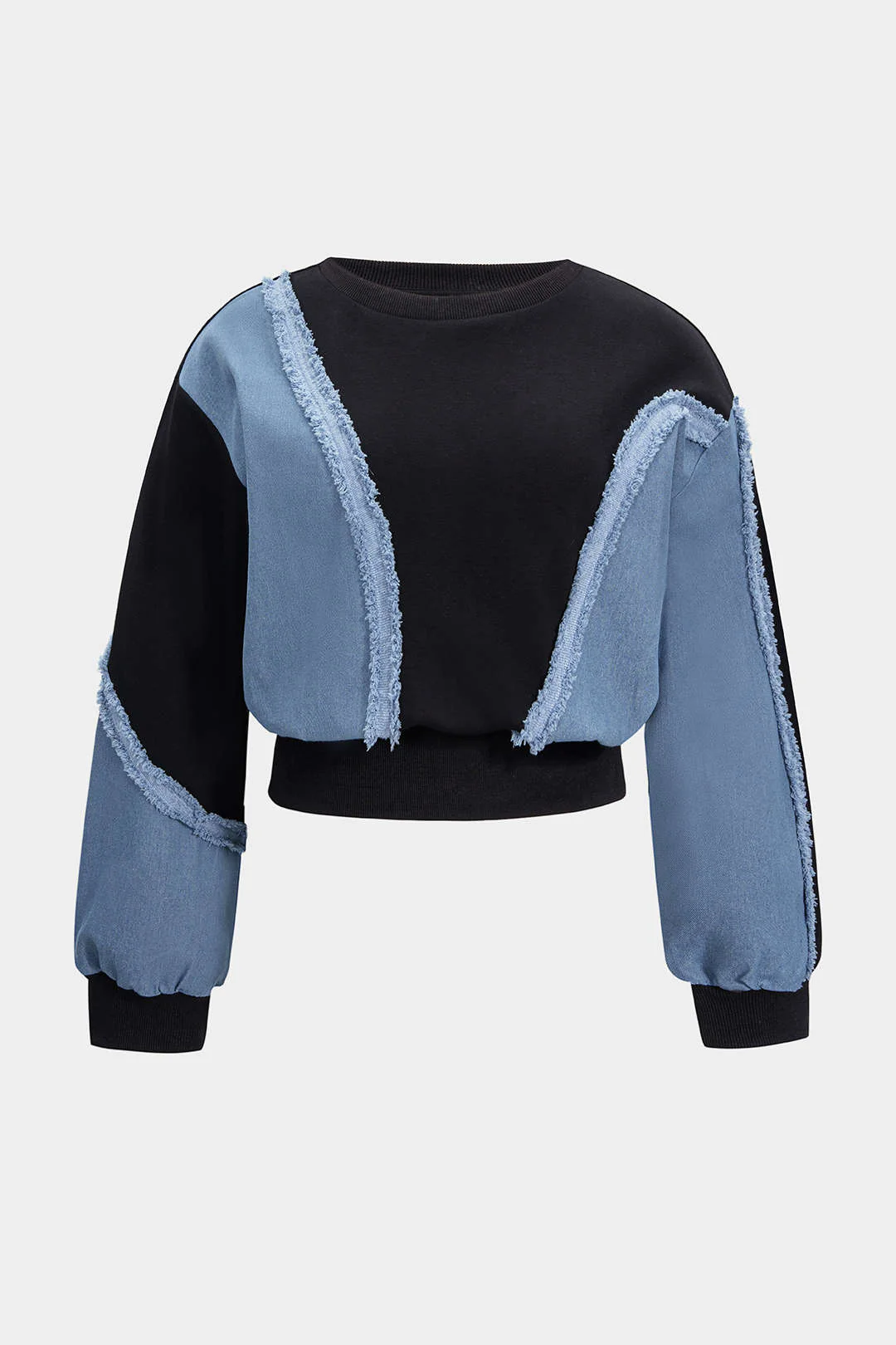 Plus Size Denim Patchwork Long-Sleeve Top And High Waist Wide Leg Trousers Set - Flockneti