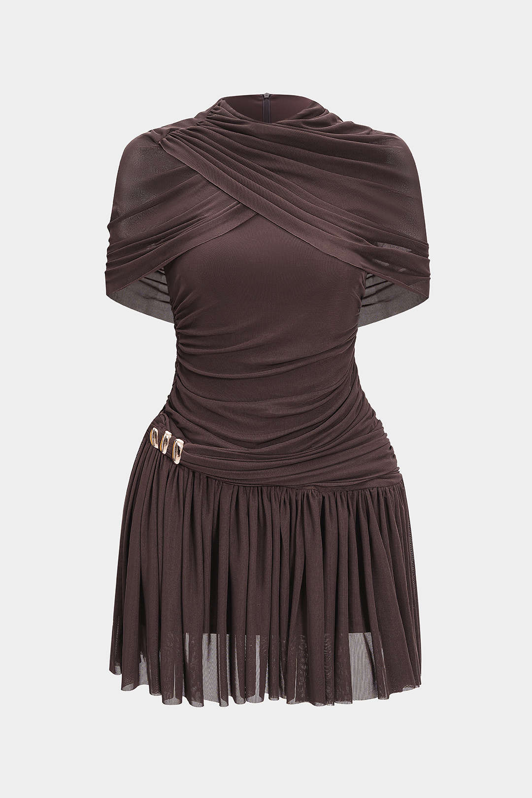Ruched Asymmetrical Short Sleeve Mini Dress - Flockneti