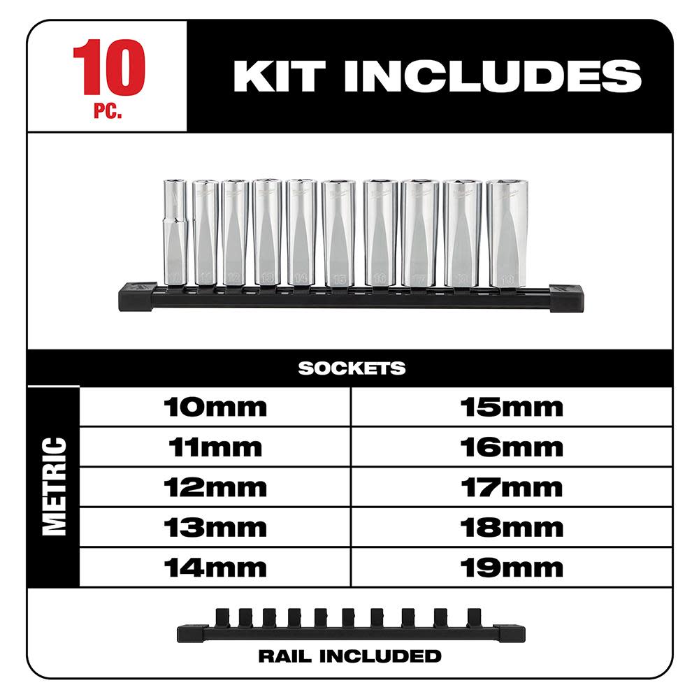 Milwaukee 10pc 3/8 in. Metric Deep Well Sockets with FOUR FLAT Sides - Flockneti