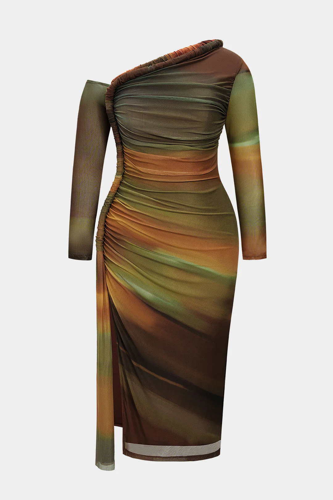 Plus Size Colorblock Print Mesh Ruched Asymmetrical Long Sleeve Midi Dress - Flockneti