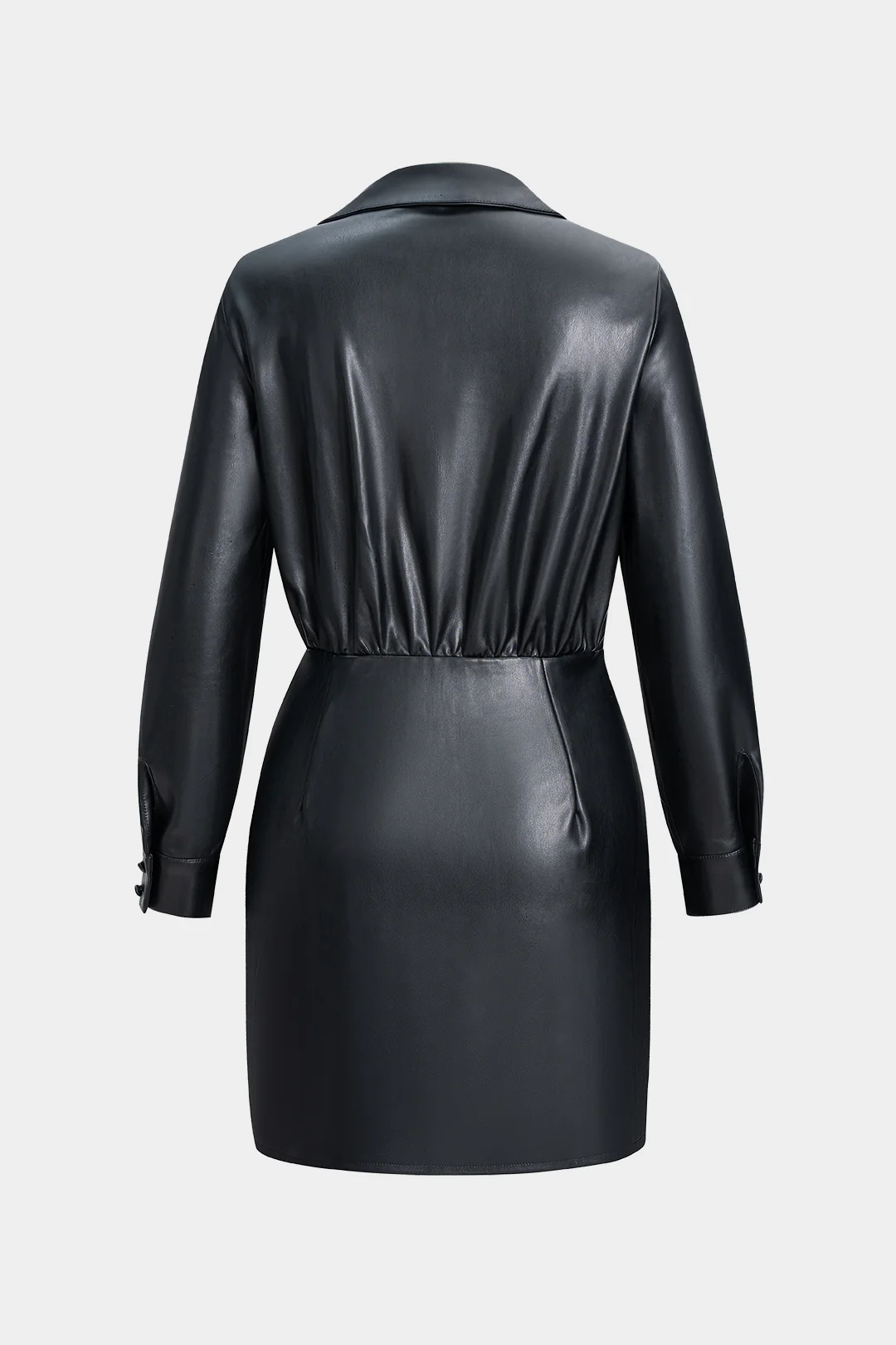 Faux Leather V-Neck Ruched Long Sleeve Mini Dress - Flockneti