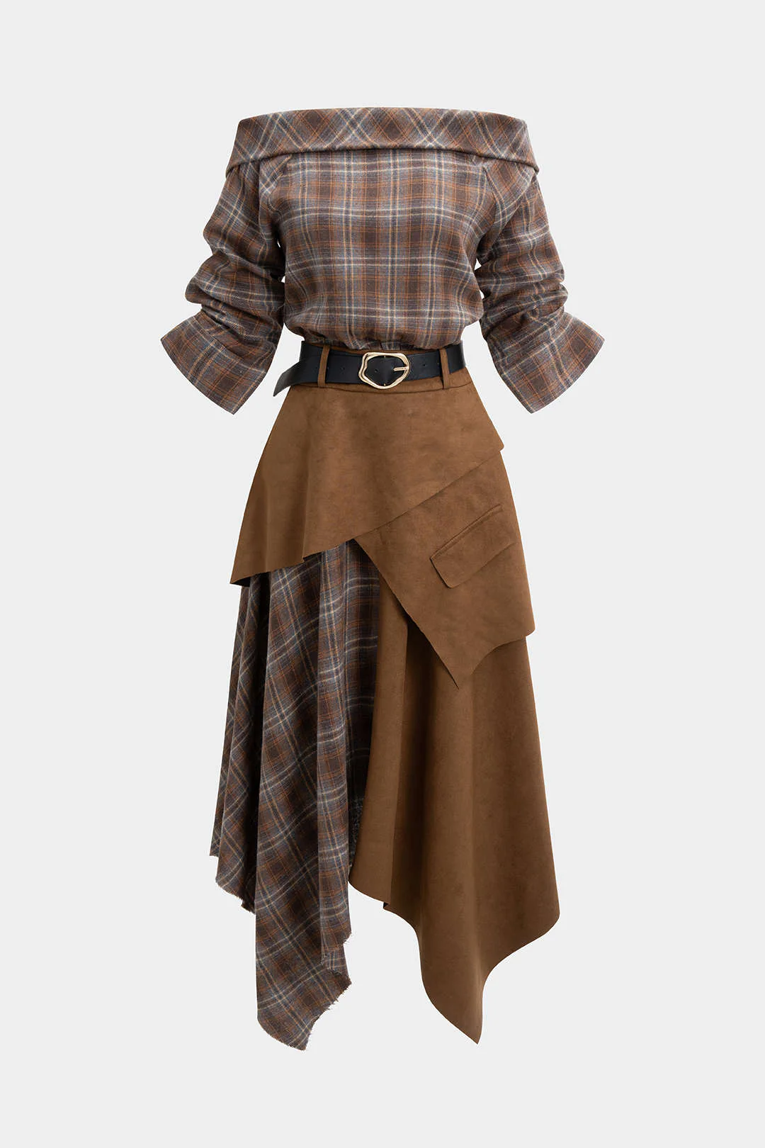 Plaid Print Suede Off Shoulder Zipper Belted Long Sleeve Midi Dress - Flockneti