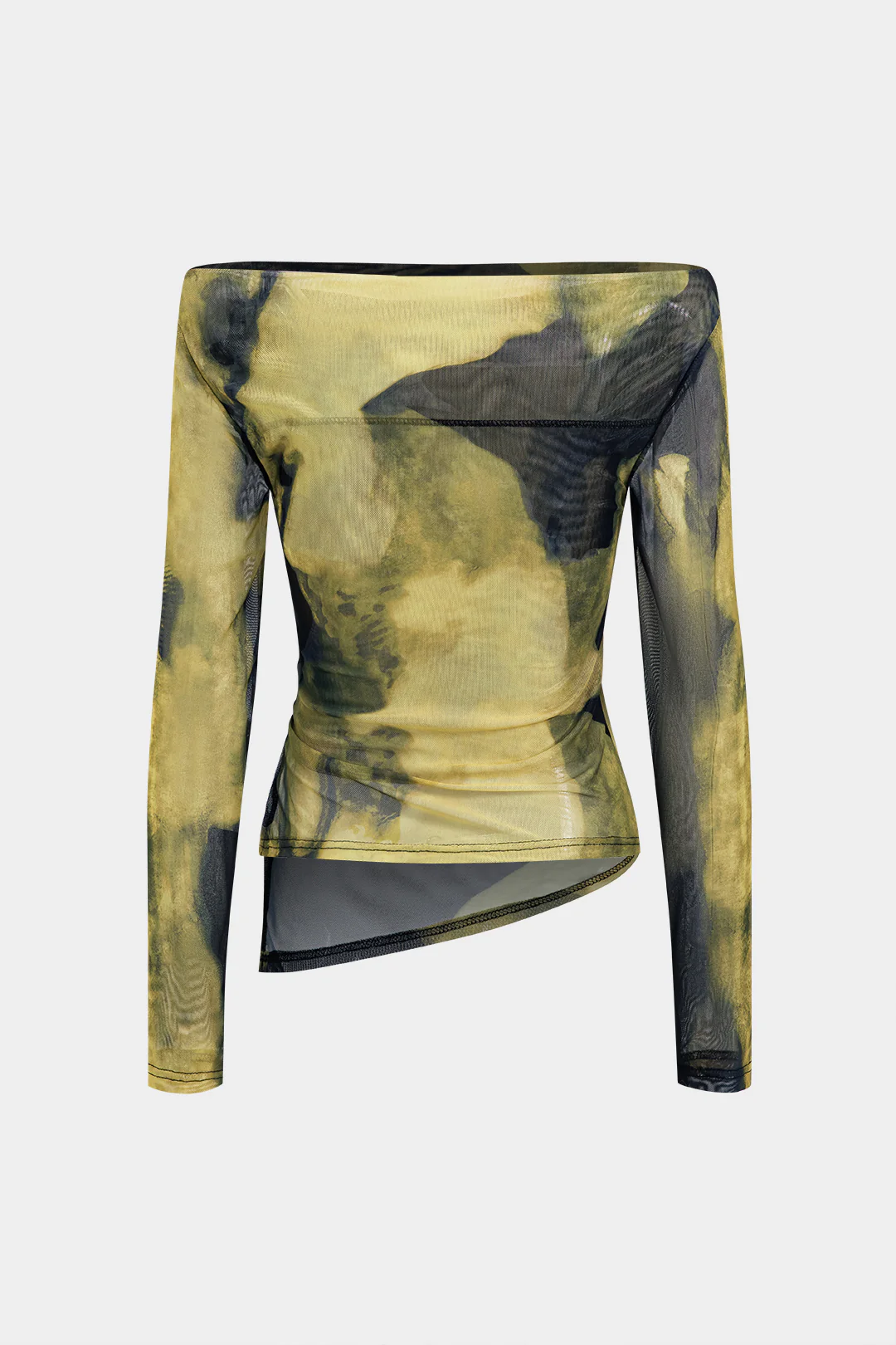 Mesh Tie Dye Print Off Shoulder Irregular Long-Sleeve Top - Flockneti