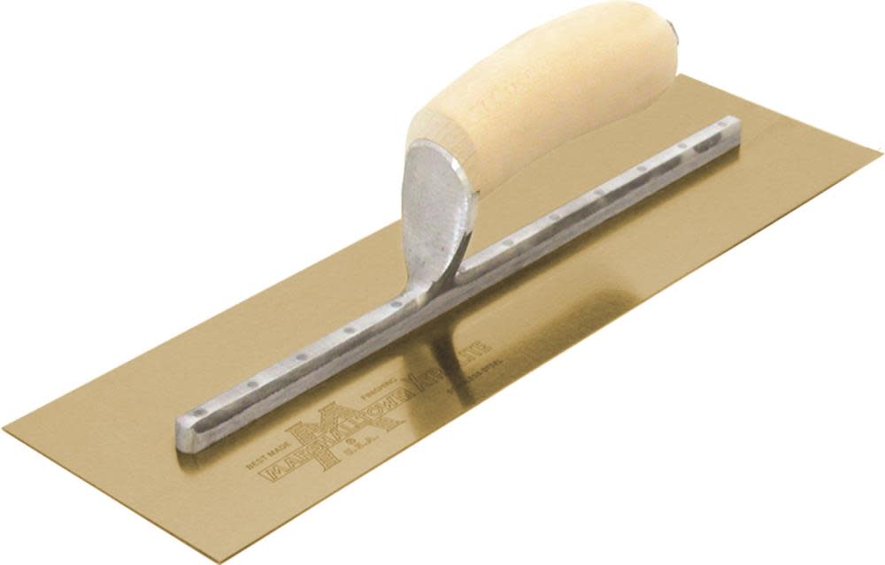 Marshalltown 12 In. x 5 In. Golden Stainless Steel Finishing Trowel Curved Wood Handle - Flockneti