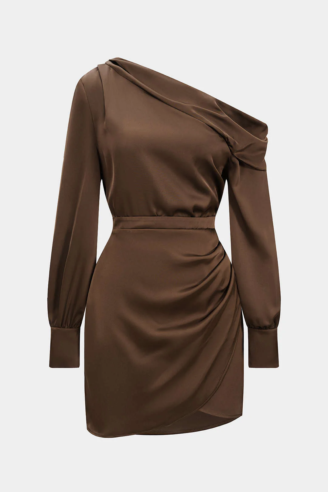 Satin Asymmetrical Neck Long Sleeve Mini Dress - Flockneti