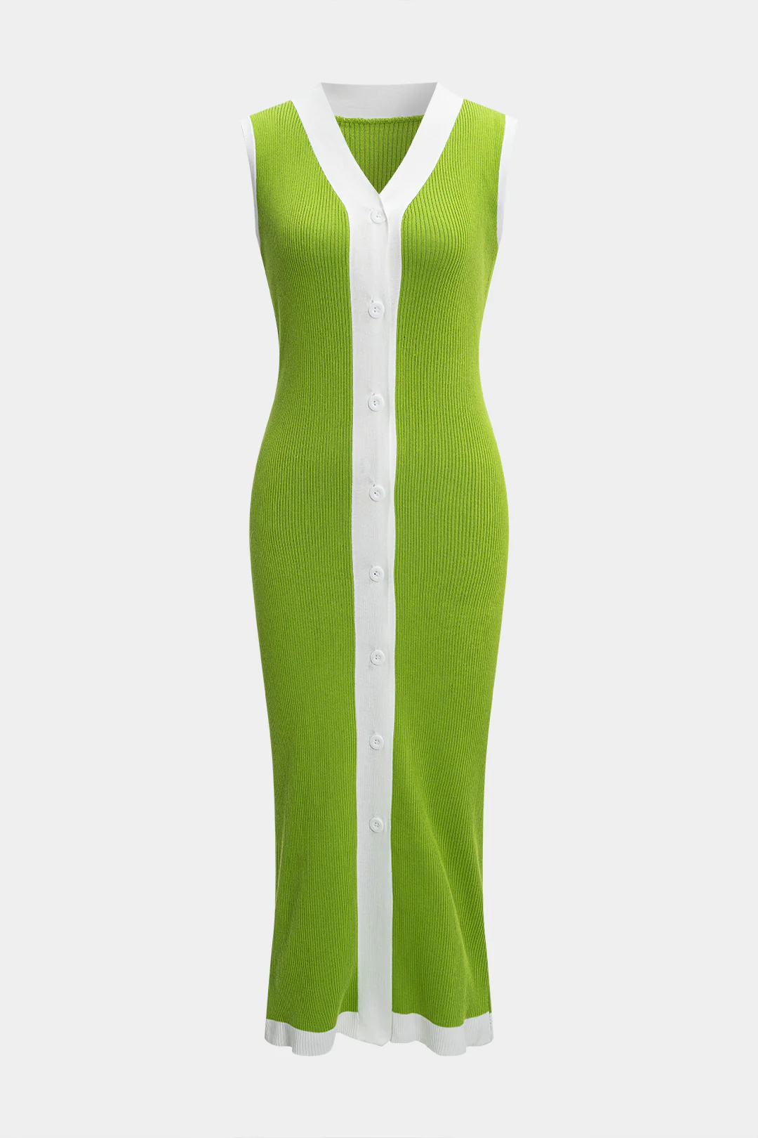 Knit Contrast Button V-Neck Sleeveless Dress - Flockneti