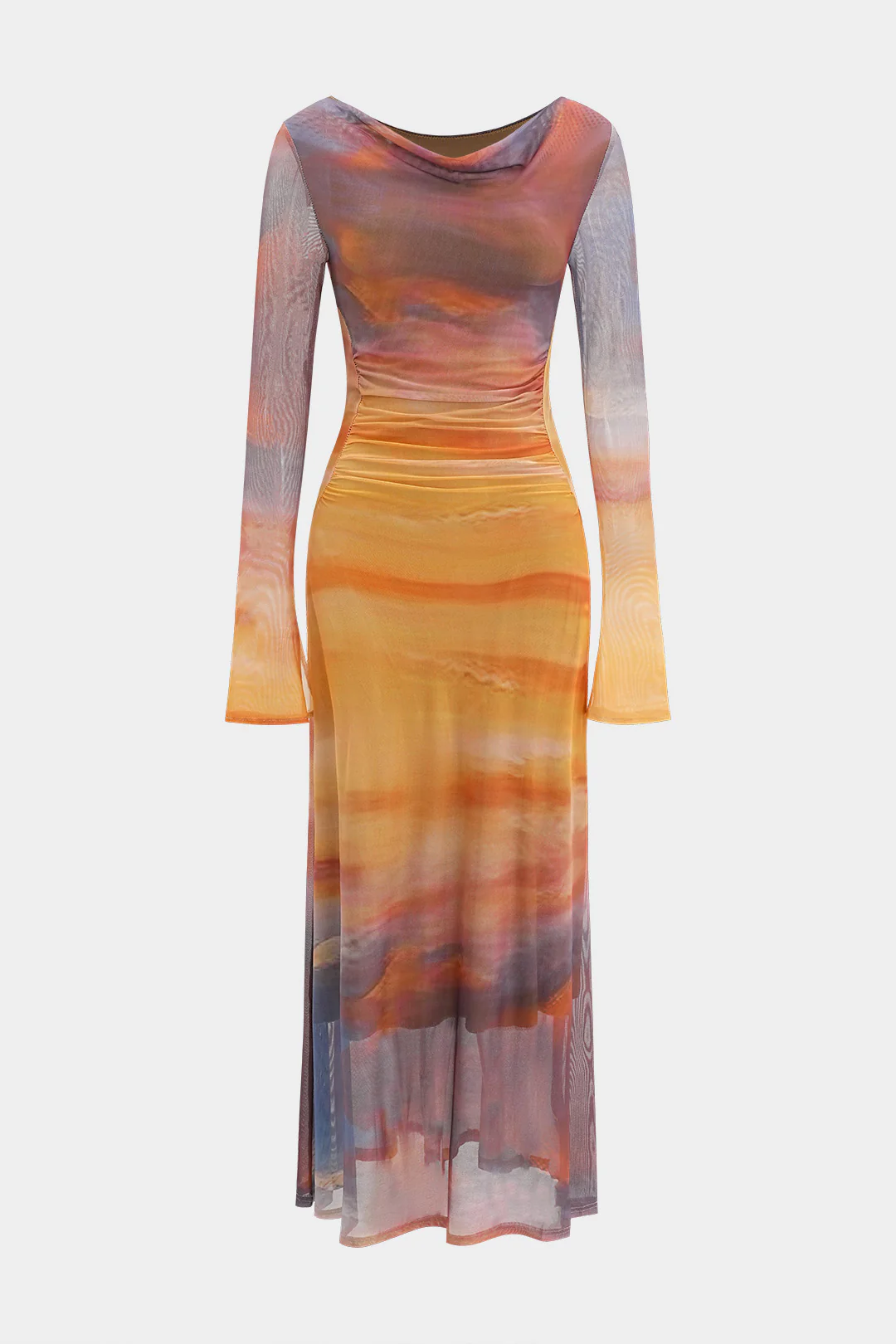 Tie Dye Print Mesh Ruched Long Sleeve Maxi Dress - Flockneti