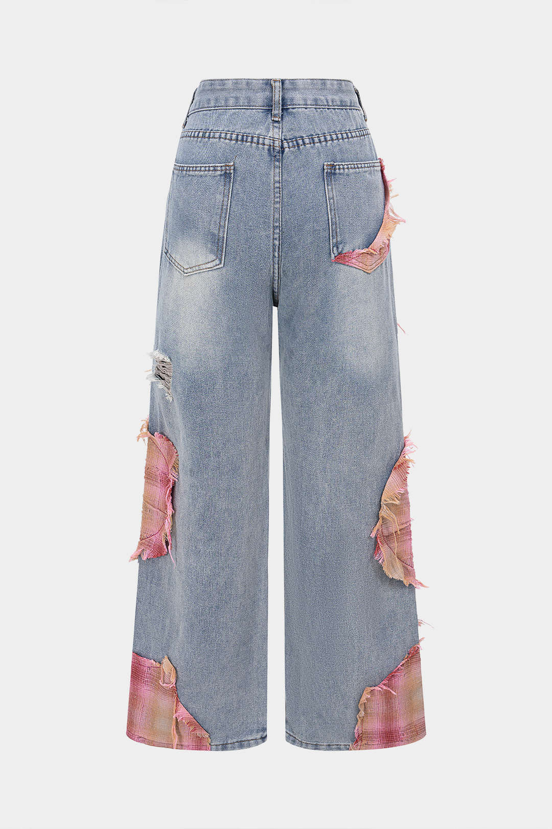 Denim Patchwork Plaid Print Asymmetrical Ripped Wide Leg Jeans - Flockneti