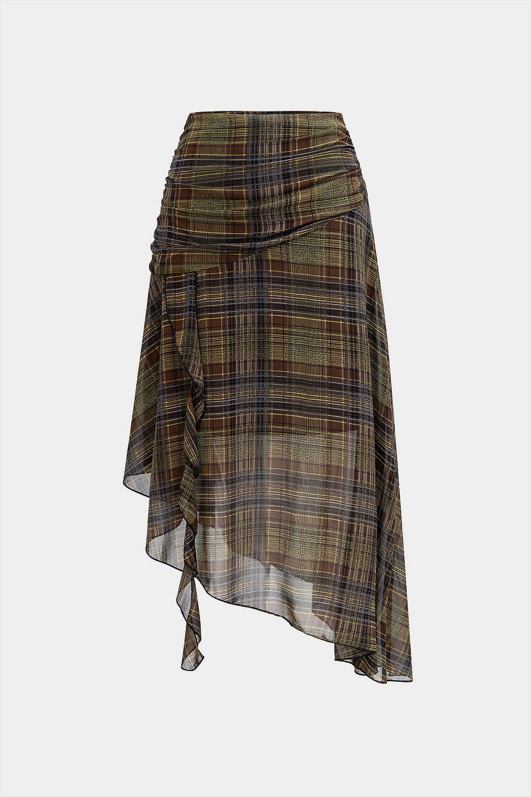 Plaid Ruched Asymmetrical Hem Skirt - Flockneti
