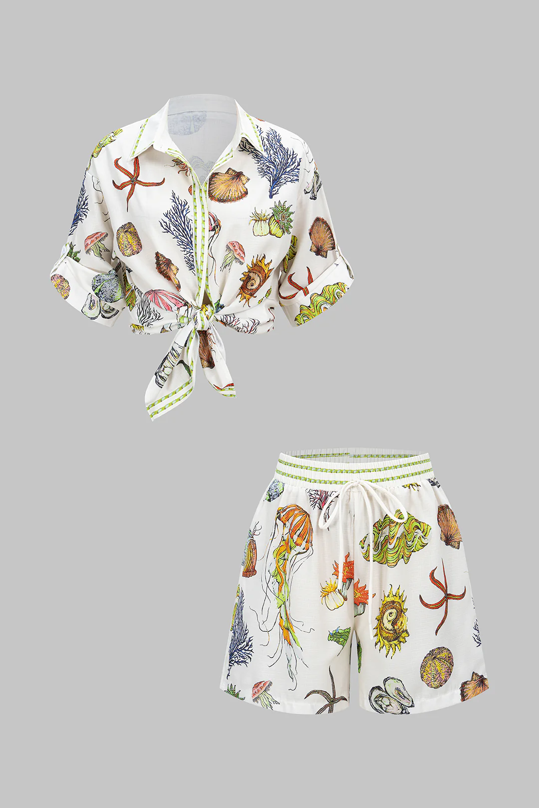 Ocean Print Button Short Sleeve Shirt And Shirred Waistband Shorts Set - Flockneti