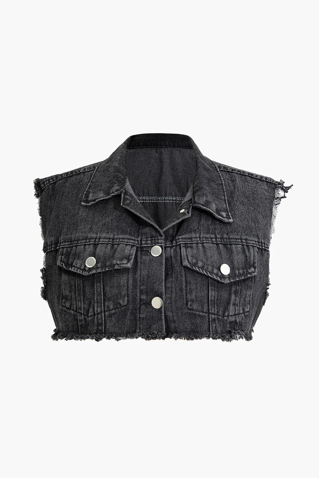 Denim Fringe Button Fake Pocket Sleeveless Vest - Flockneti