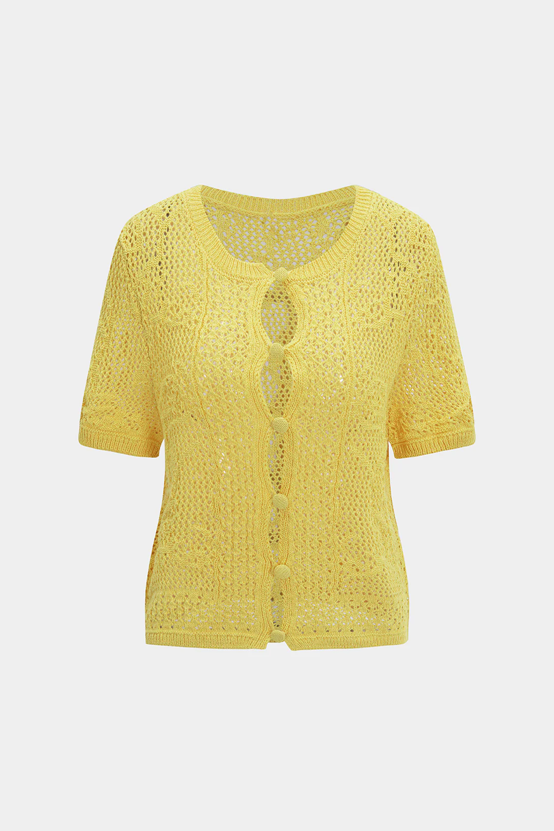 Knit Hollow Out Button Short-Sleeve Top - Flockneti
