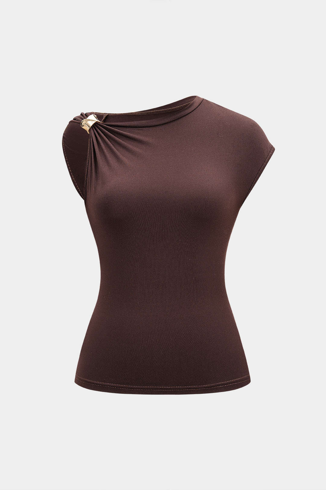 Asymmetrical Metallic Decor Ruched Sleeveless T-Shirt - Flockneti