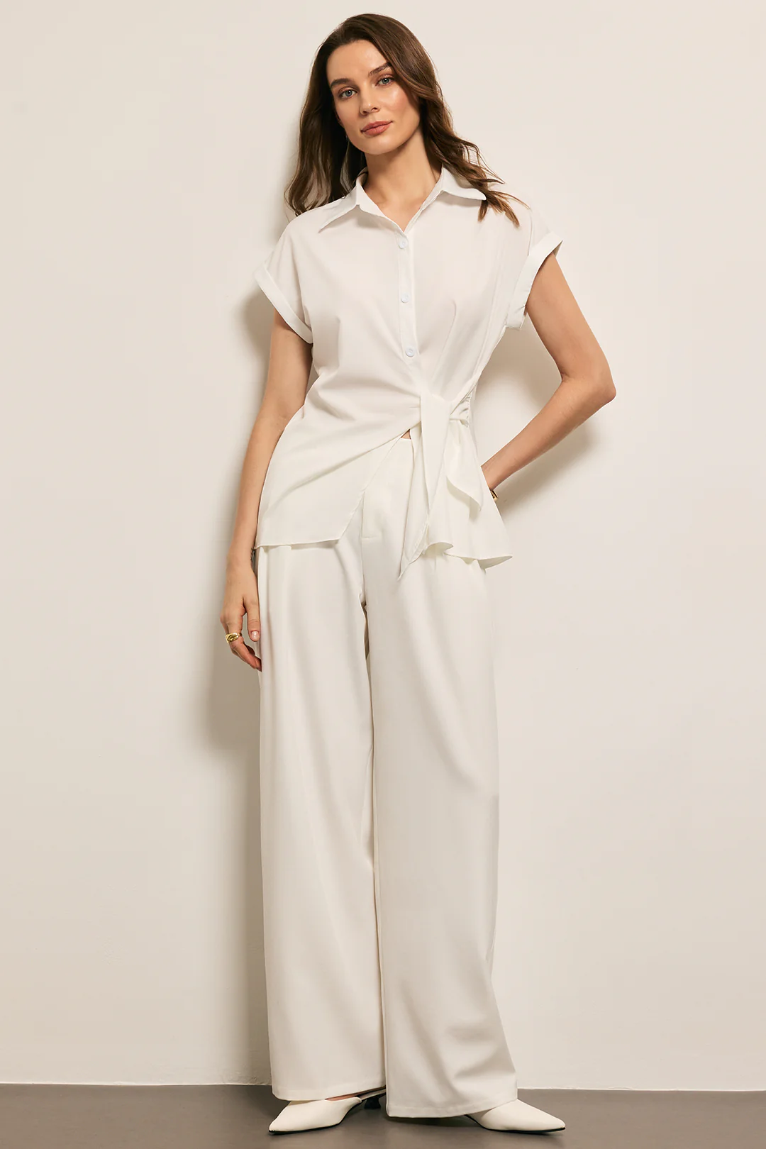 Asymmetrical Tie Front Long-Sleeve Shirt And Pants Set - Flockneti