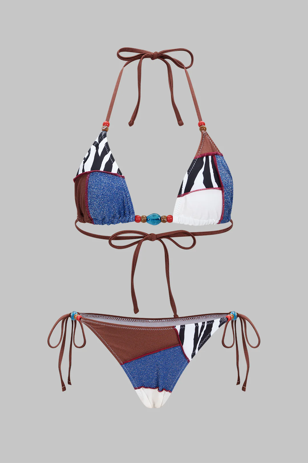 Color Block Print Textured Patchwork Halter Tie-Up Bikini Set - Flockneti