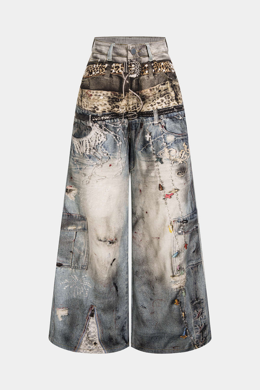 Artistic Denim Print Button Pocket Straight Leg Pants - Flockneti