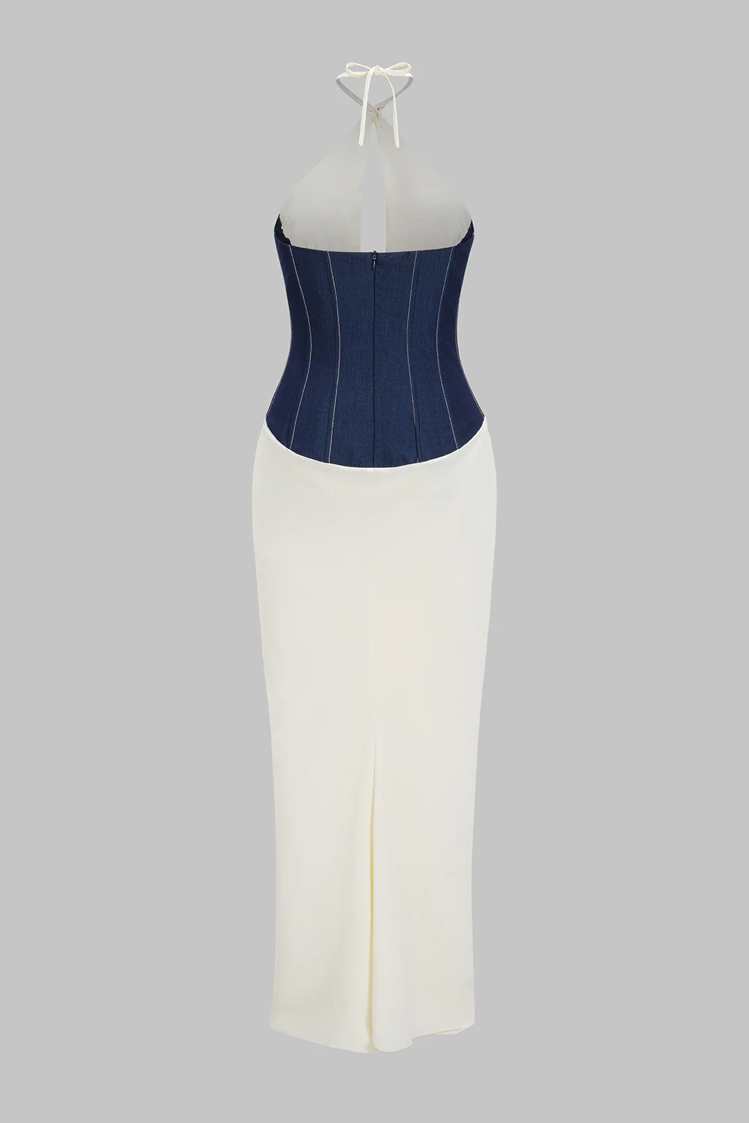 Denim Patchwork Halter Neck Sleeveless Maxi Dress - Flockneti