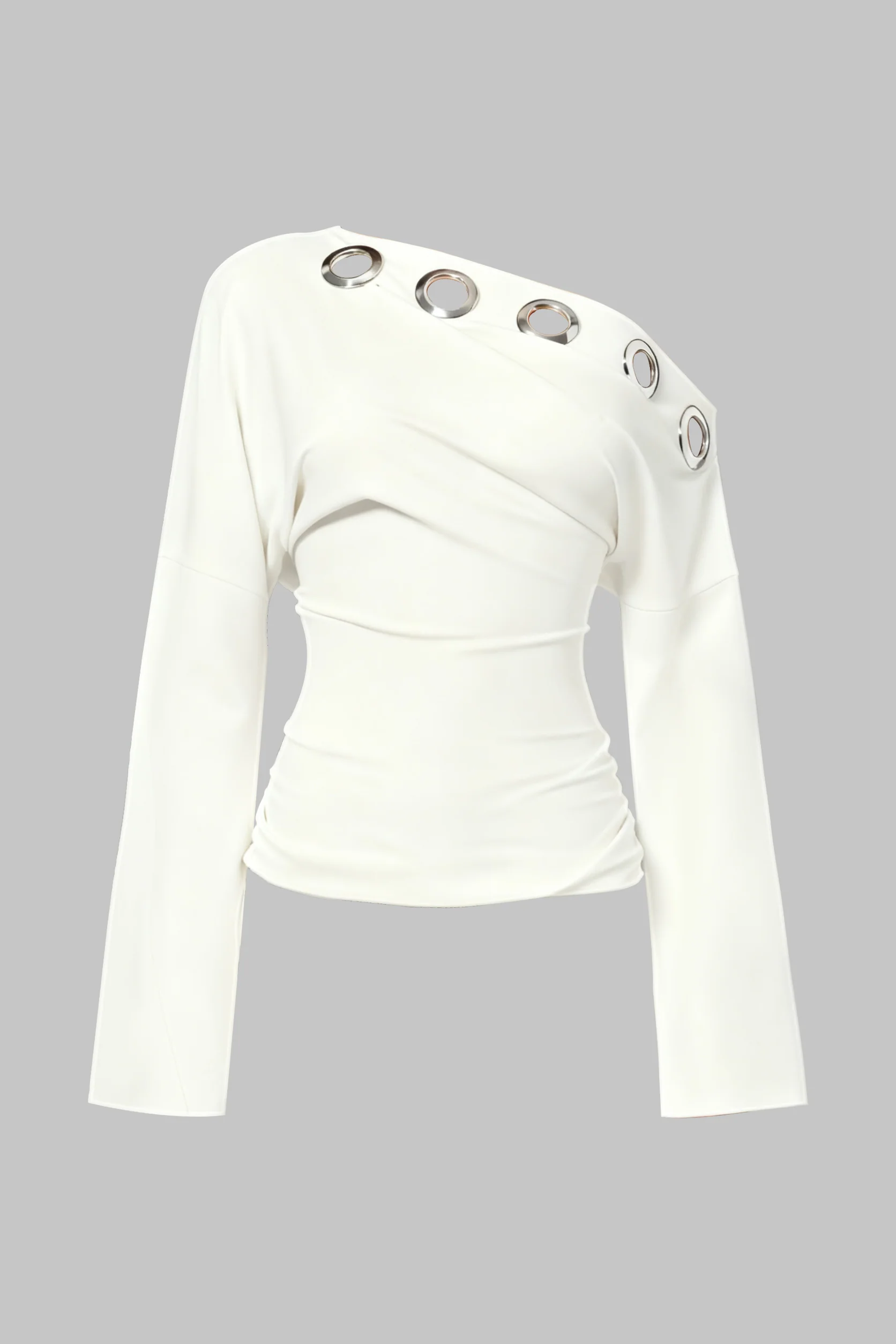 Metallic Eyelet Asymmetrical Long-Sleeve Top - Flockneti