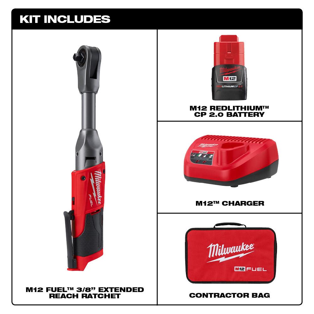 Milwaukee M12 FUEL 3/8 in. Extended Reach Ratchet 1 Battery Kit - Flockneti