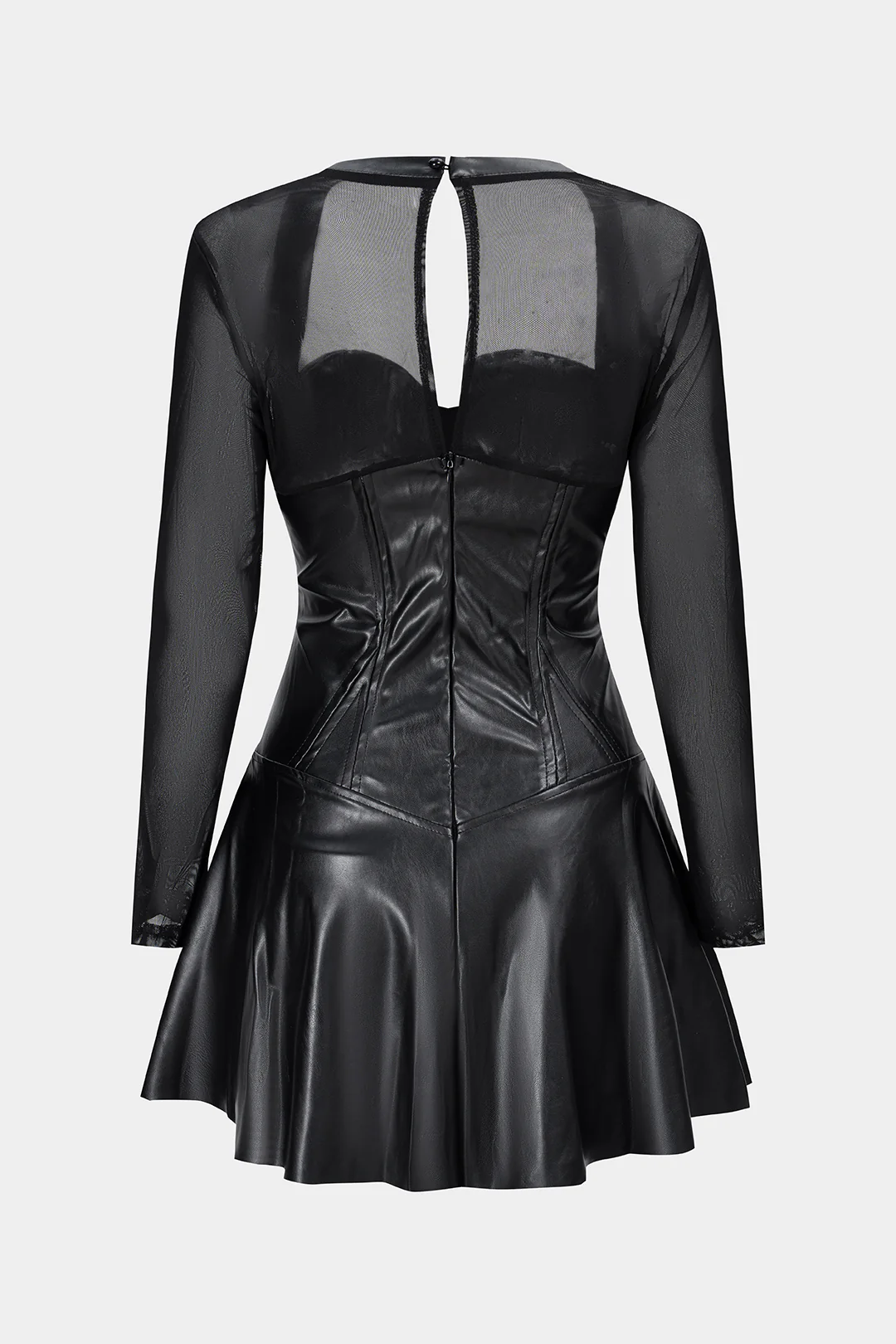 Faux Leather Patchwork Mesh Zipper Long Sleeve Mini Dress - Flockneti