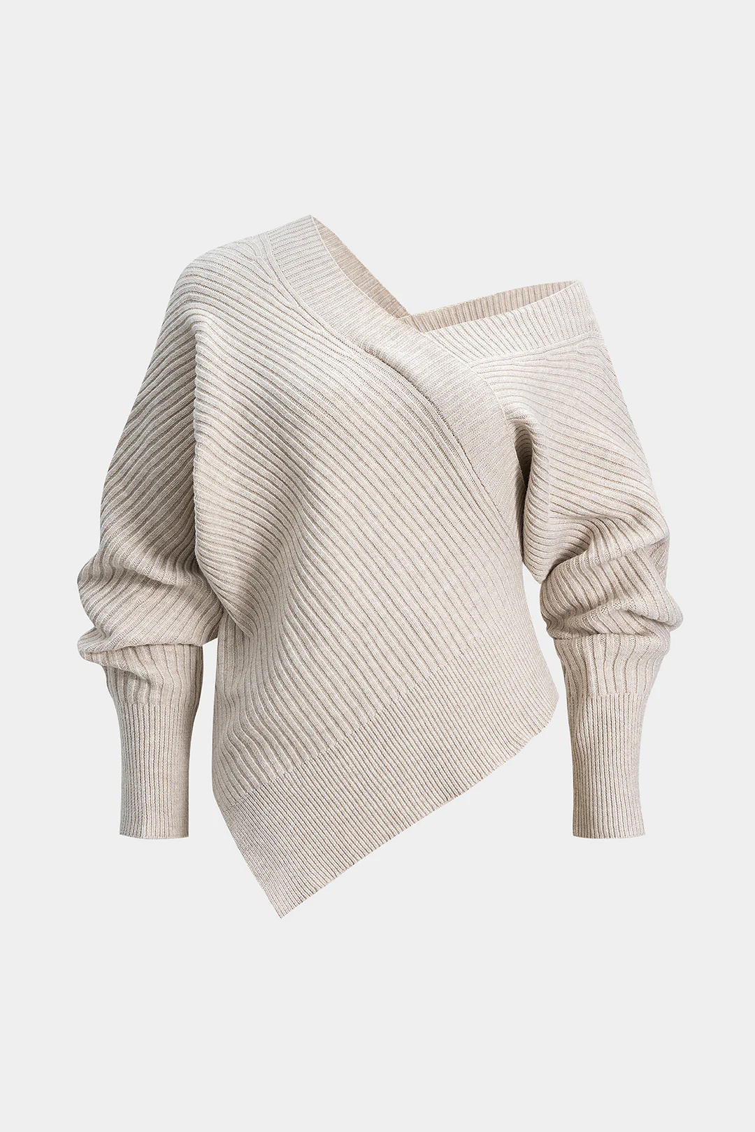 Plus Size Knit V-Neck Asymmetrical Long-Sleeve Top - Flockneti