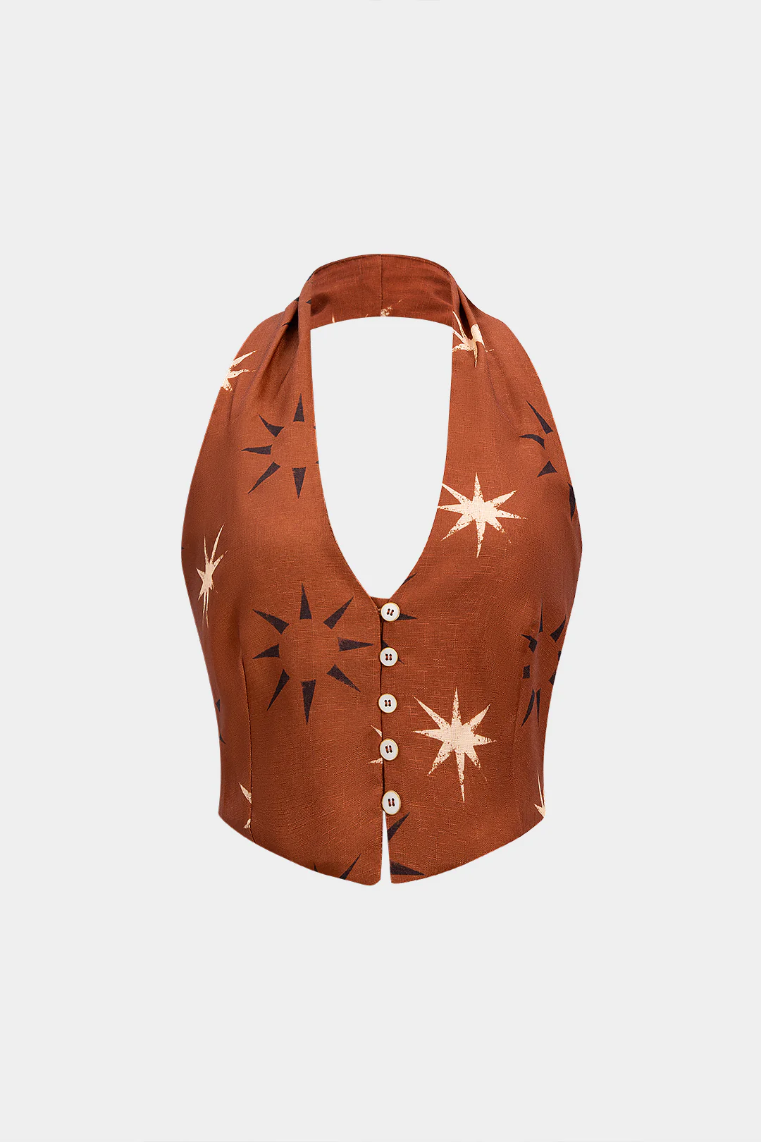 Retro Print Halter Neck Button Backless Cami Top - Flockneti