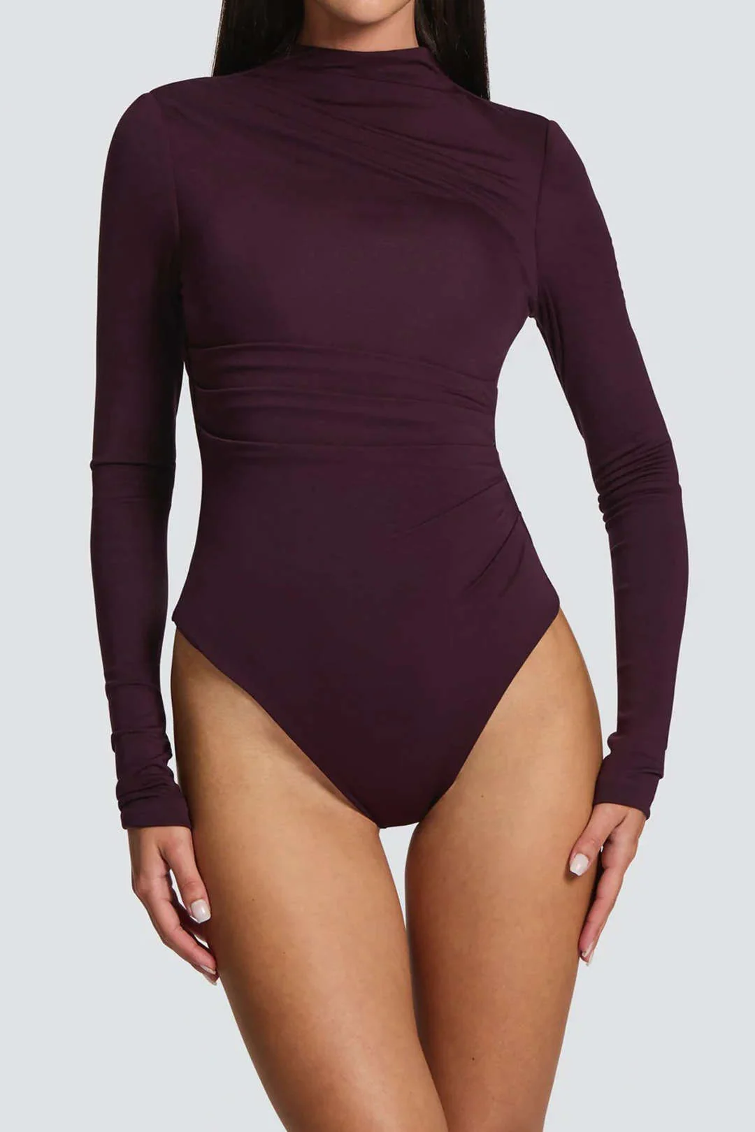 Mesh Ruched Asymmetrical Long Sleeve Bodysuit - Flockneti