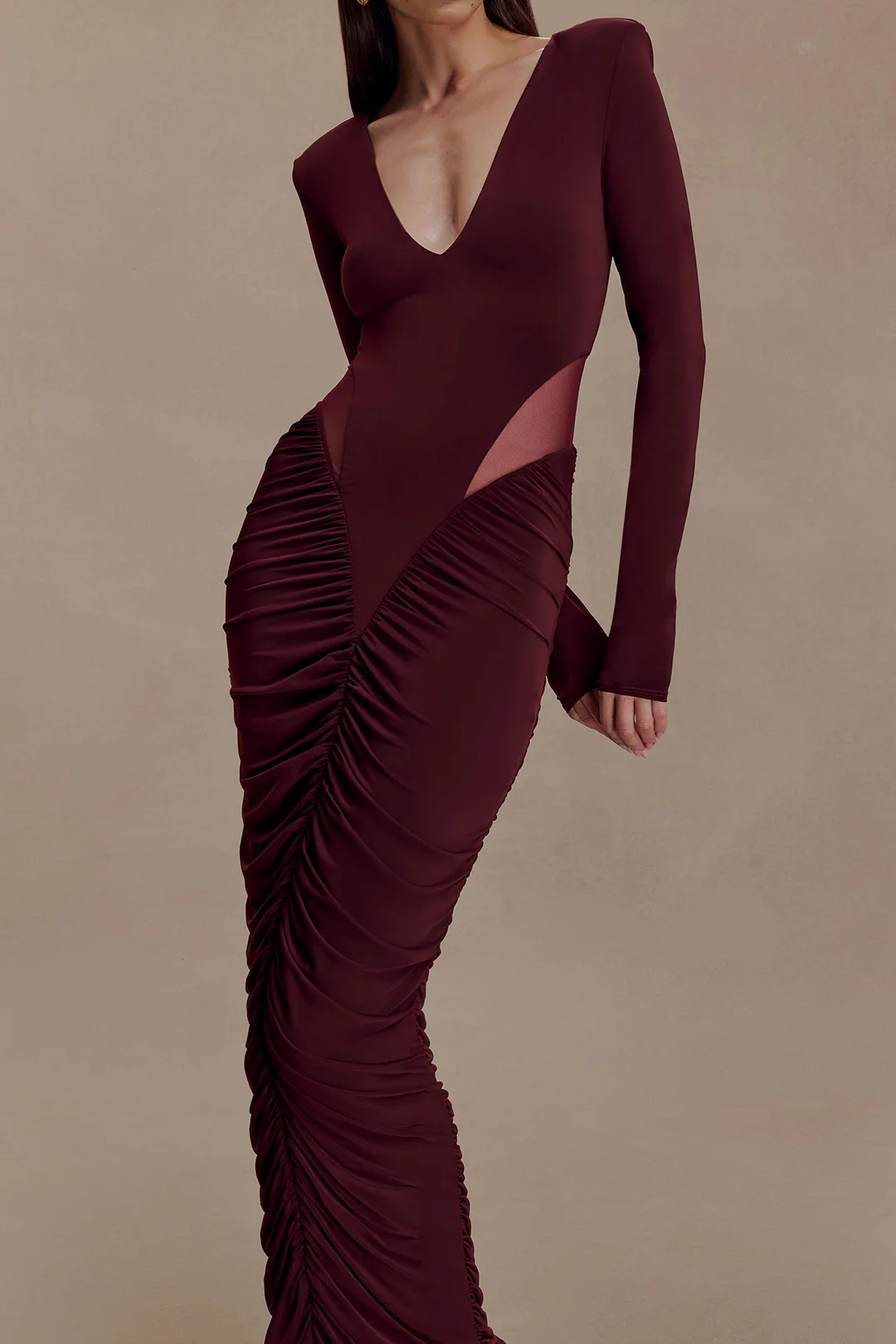Patchwork Mesh Ruched V-Neck Long Sleeve Maxi Dress - Flockneti