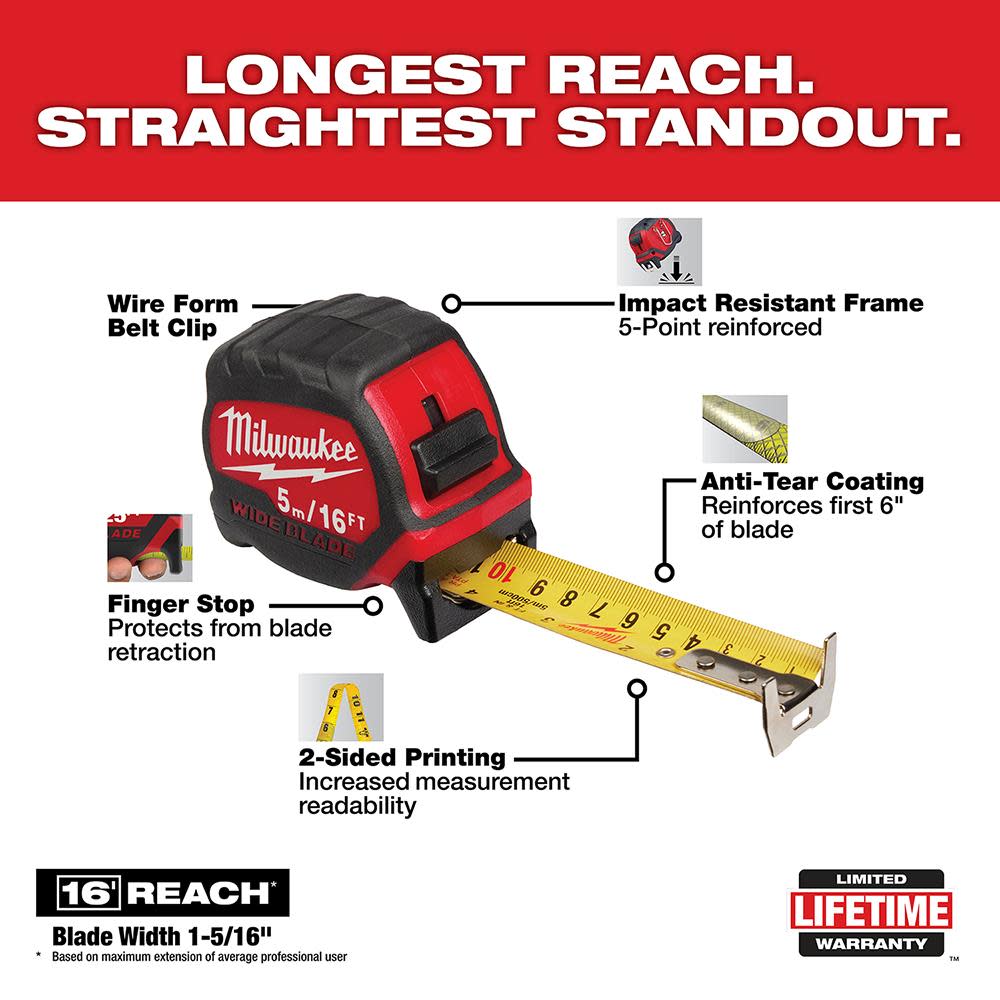 Milwaukee 5M/16Ft Wide Blade Tape Measure - Flockneti