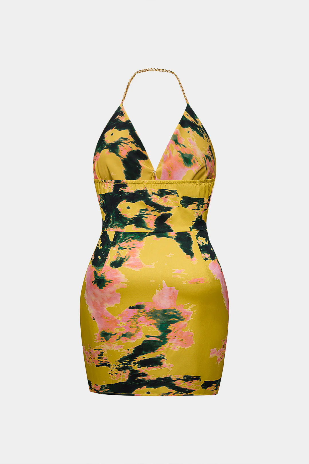 Plus Size Abstract Print Satin Metallic Halter Draped Cowl Neck Ruched Backless Sleeveless Mini Dress - Flockneti