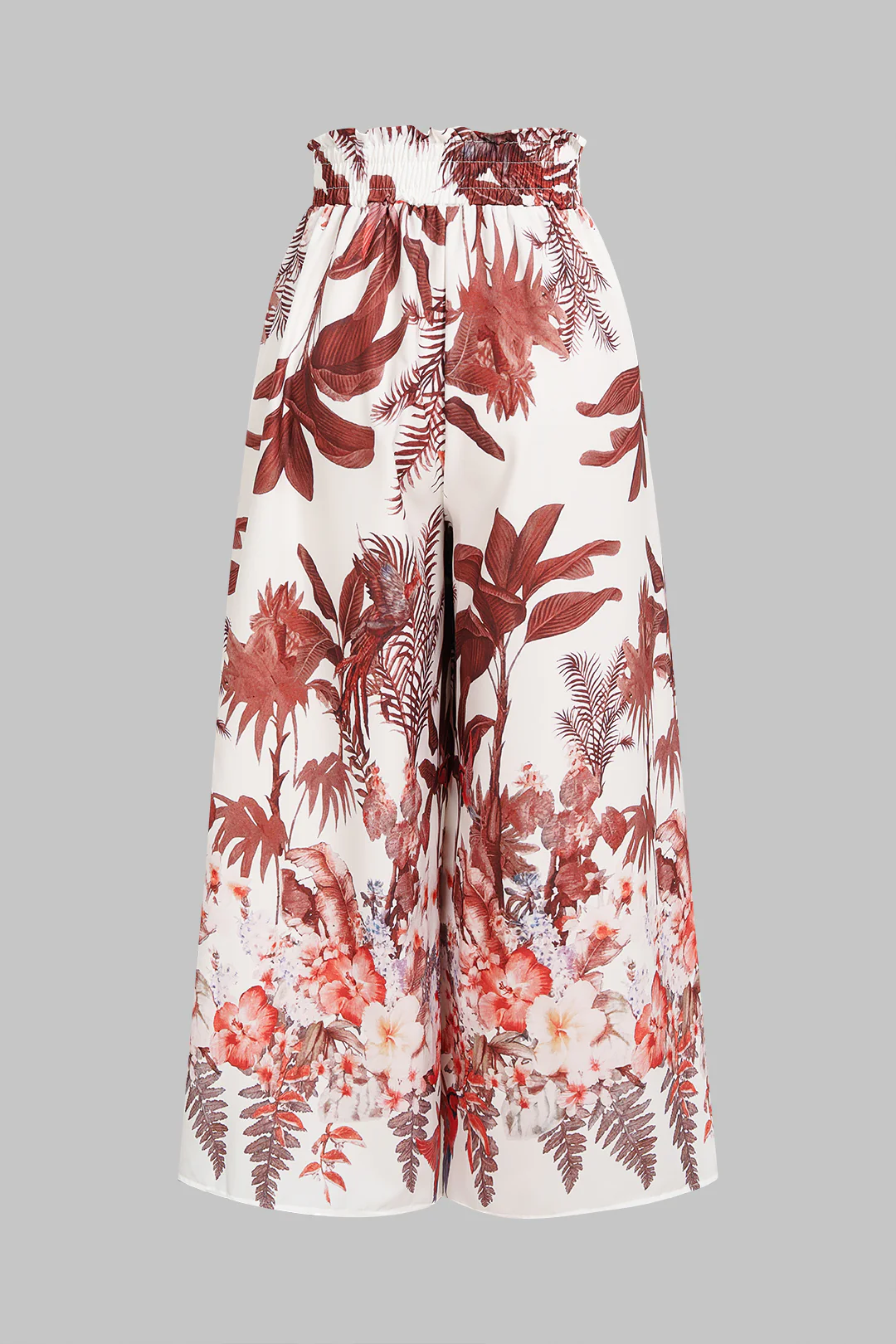 Floral Leaves Print Drawstring Pocket Wide Leg Pants - Flockneti
