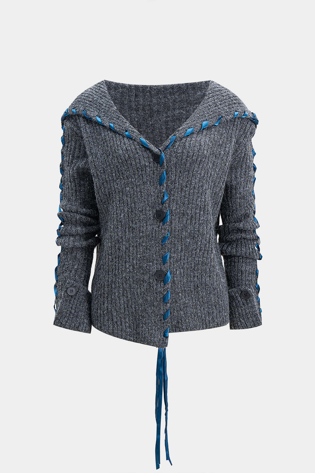Knit Drawstring Ribbed Cardigan - Flockneti