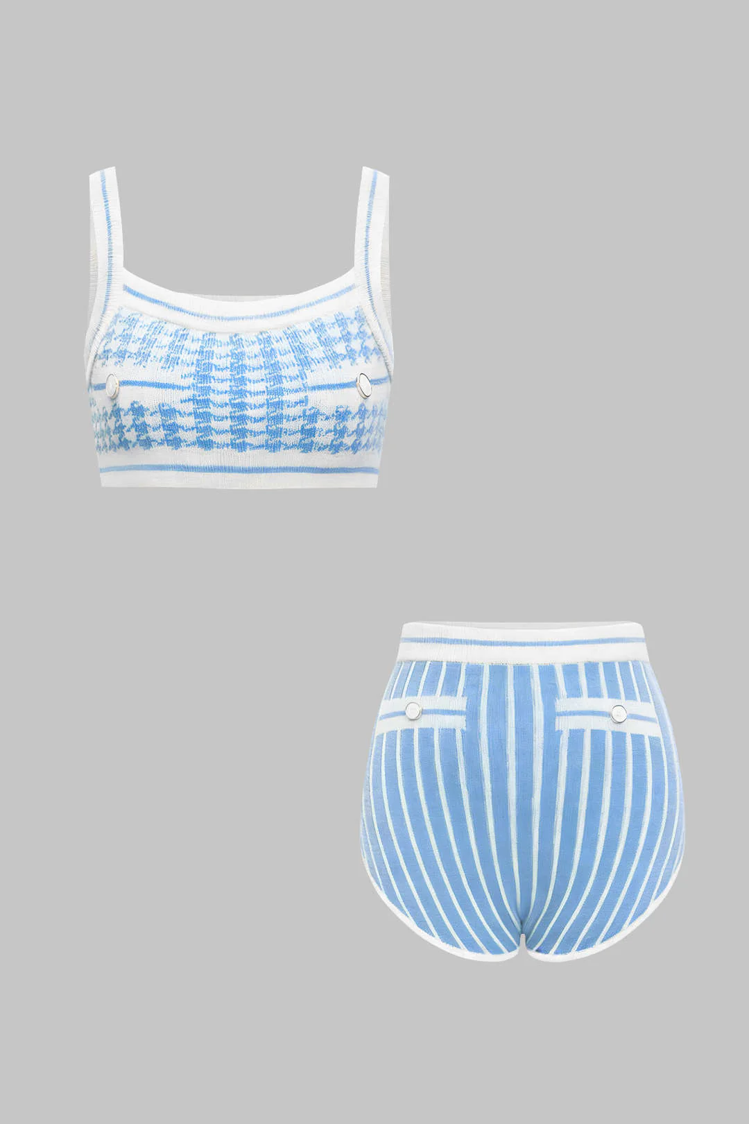 Knit Contrast Plaid Houndstooth Print Cami Top And Shorts Set - Flockneti