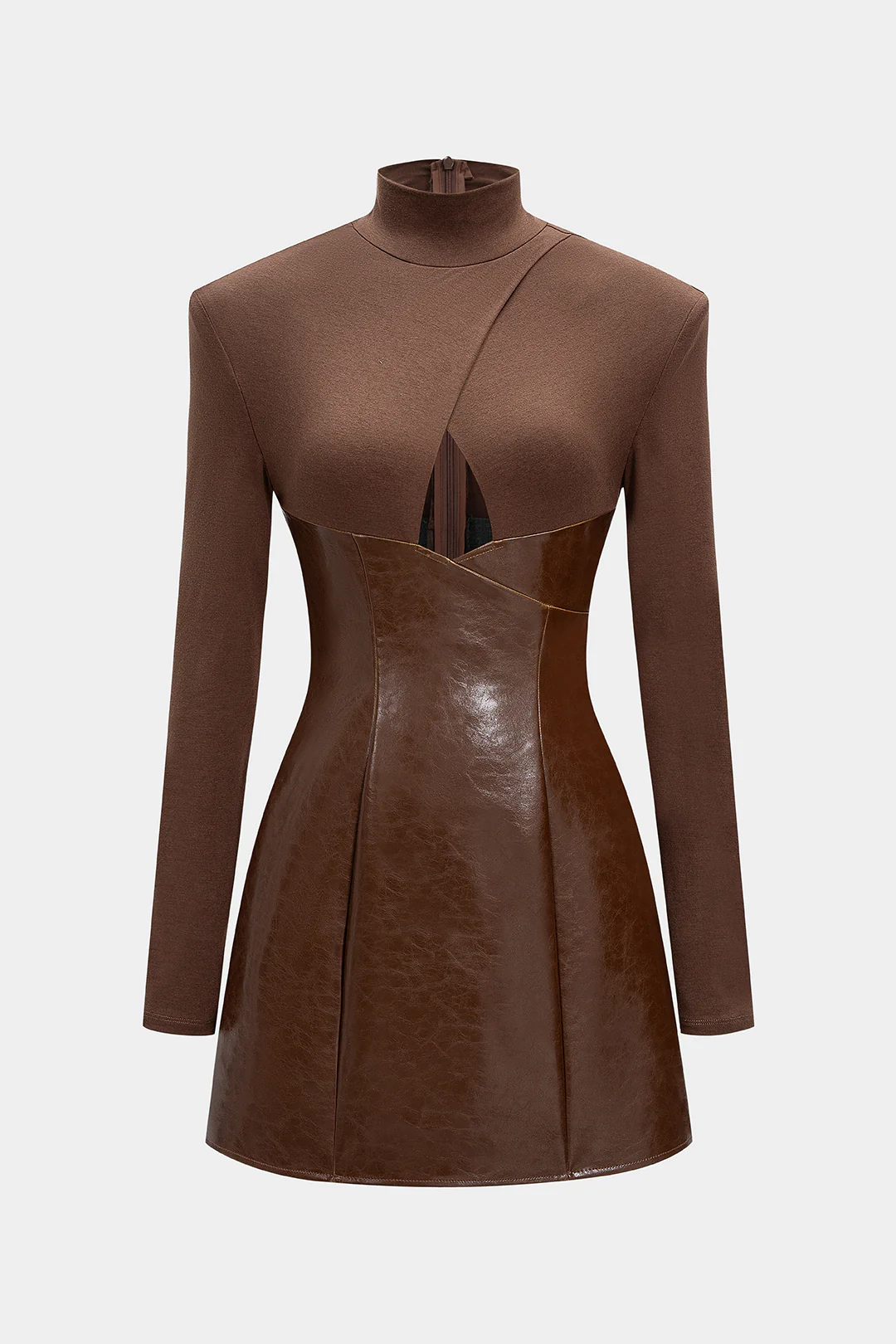 Mock Neck Faux Leather Patchwork Cut Out Long Sleeve Mini Dress - Flockneti