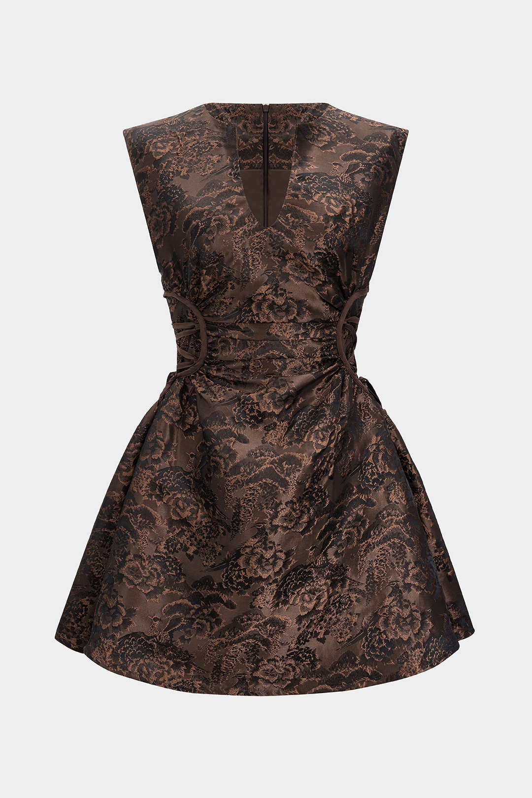 Jacquard Ruched Drawstring V-Neck Zipper Sleeveless Mini Dress - Flockneti