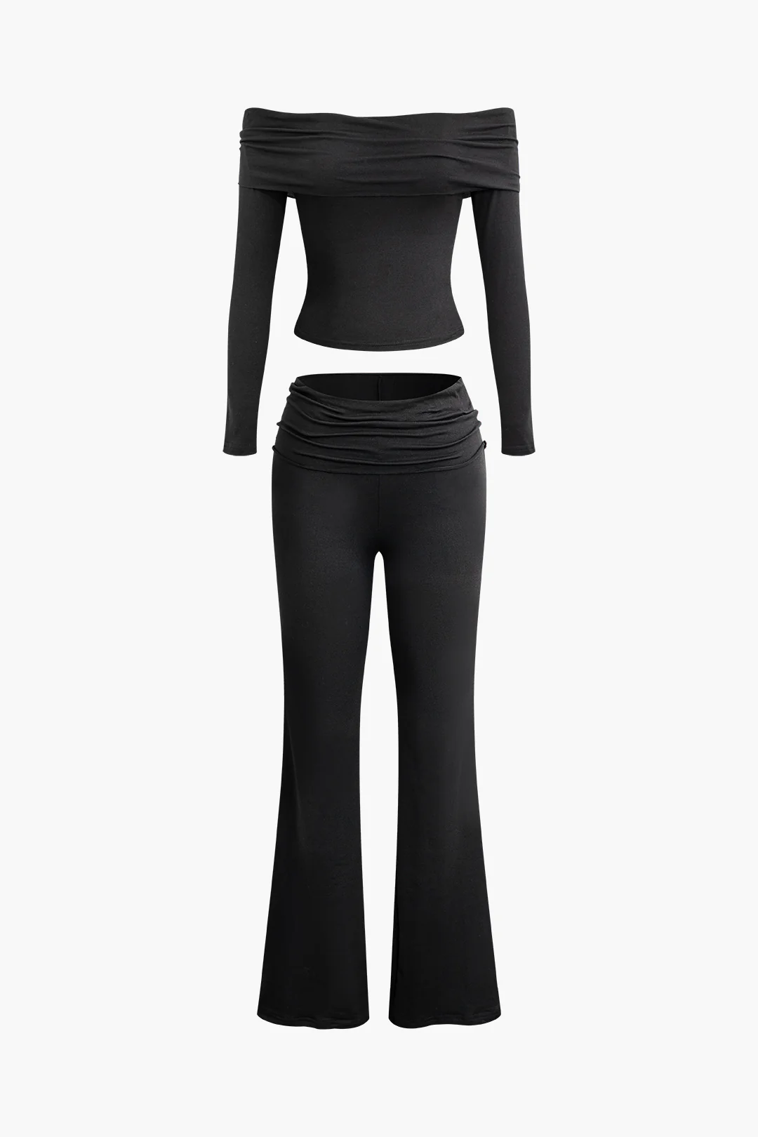 Off Shoulder Ruched Long-Sleeve Top And Flared Pants Set - Flockneti